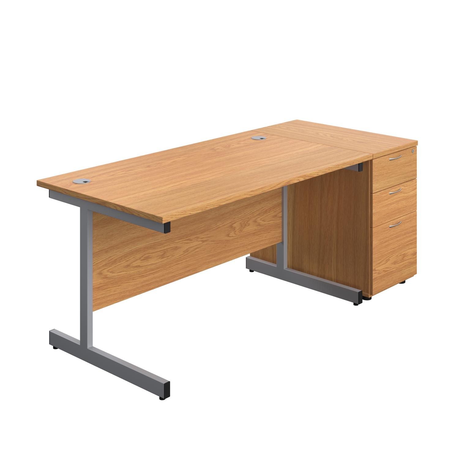 Single Upright Rectangular Desk + Desk High 3 Drawer Pedestal  1400 X 800 Nova Oak/Silver