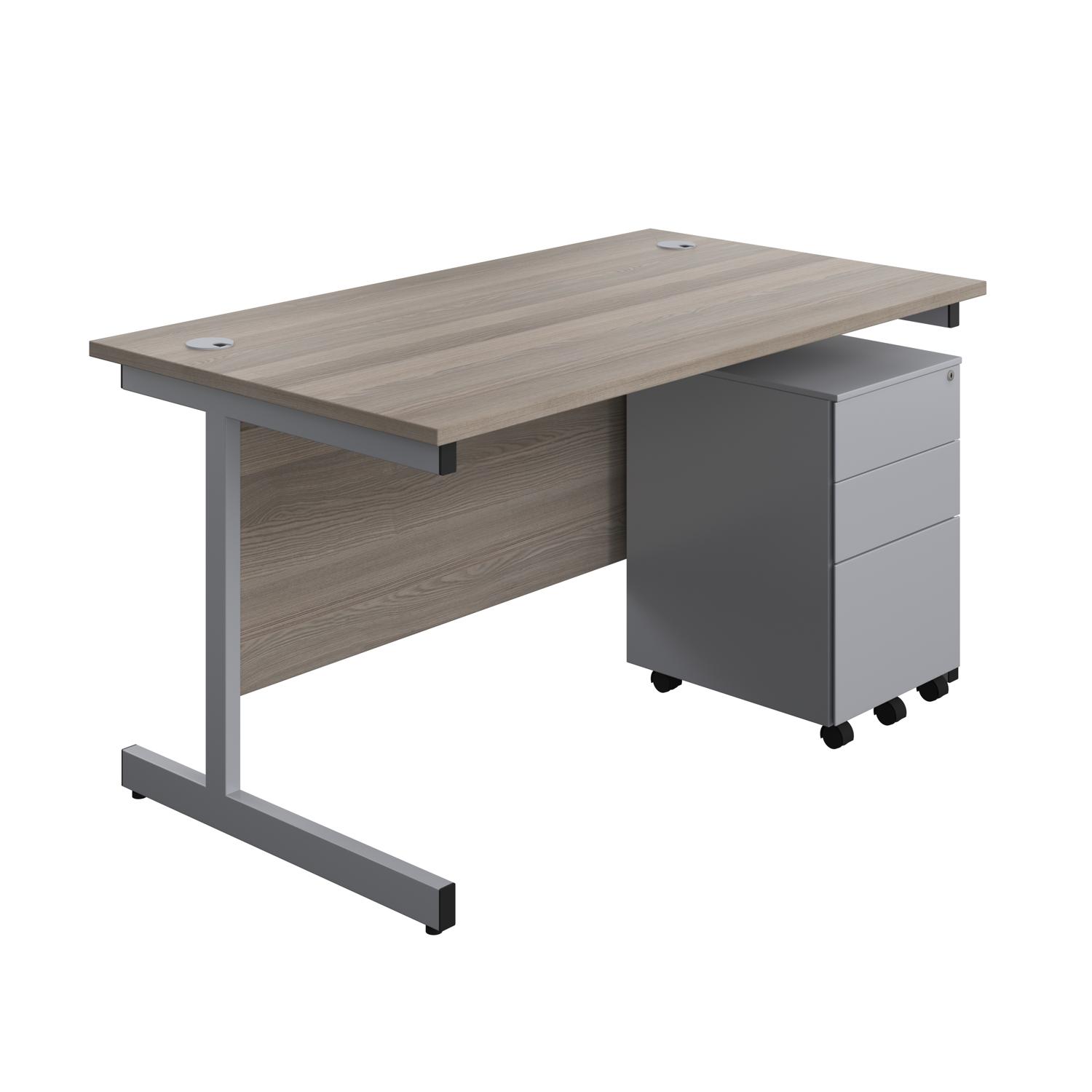 Single Upright Rectangular Desk + Under Desk Steel Pedestal 3 Drawers  1400 X 800 Grey Oak/Silver