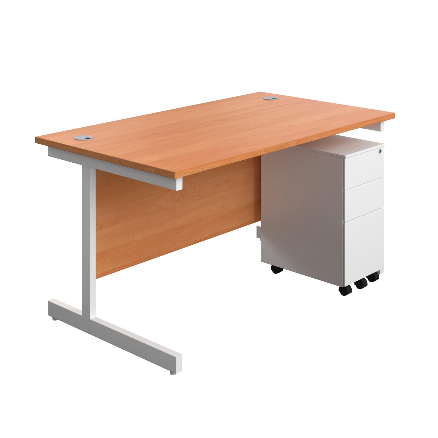Single Upright Rectangular Desk + Slimline Steel Pedestal 3 Drawers  1400 X 800 Beech/White