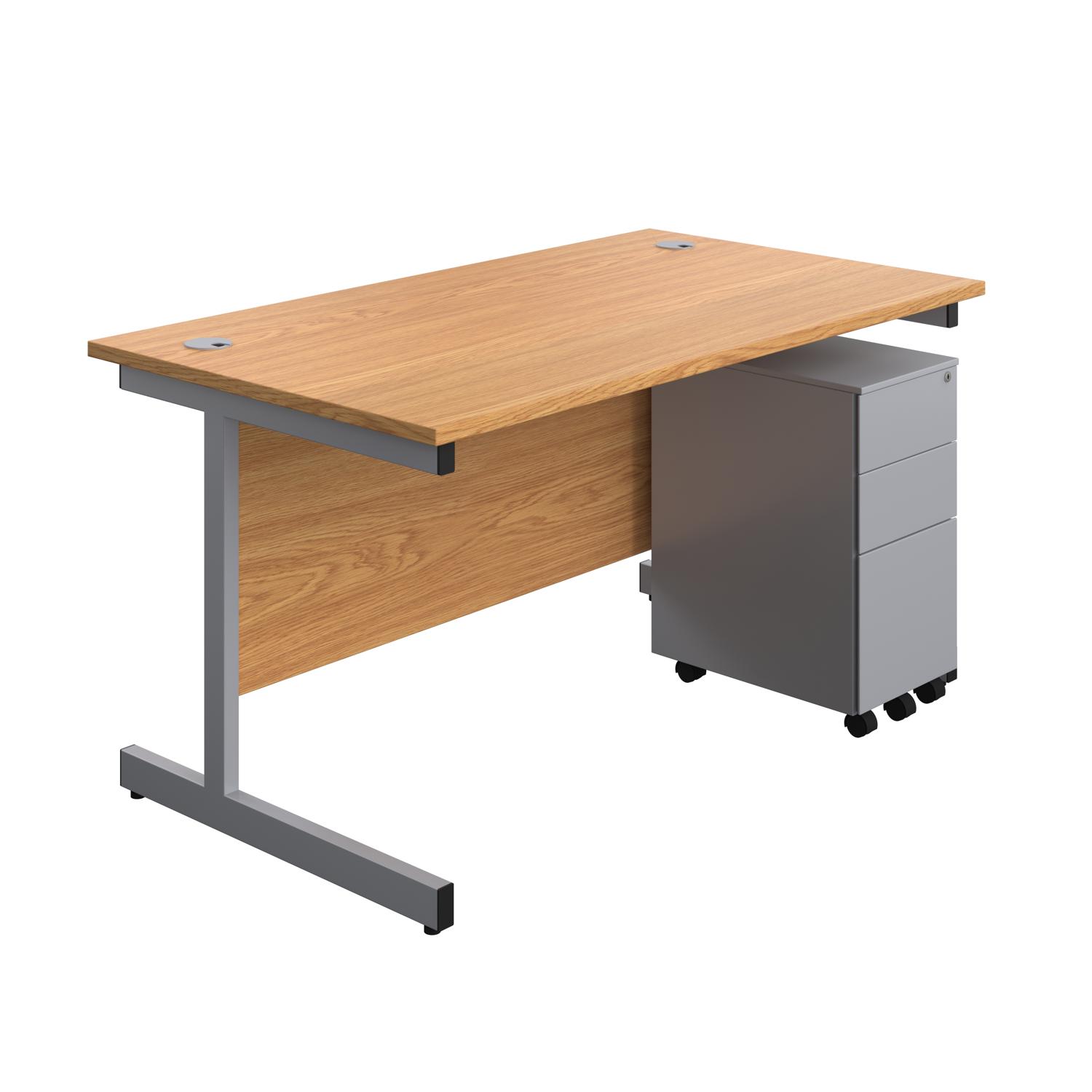 Single Upright Rectangular Desk + Slimline Steel Pedestal 3 Drawers  1400 X 800 Nova Oak/Silver