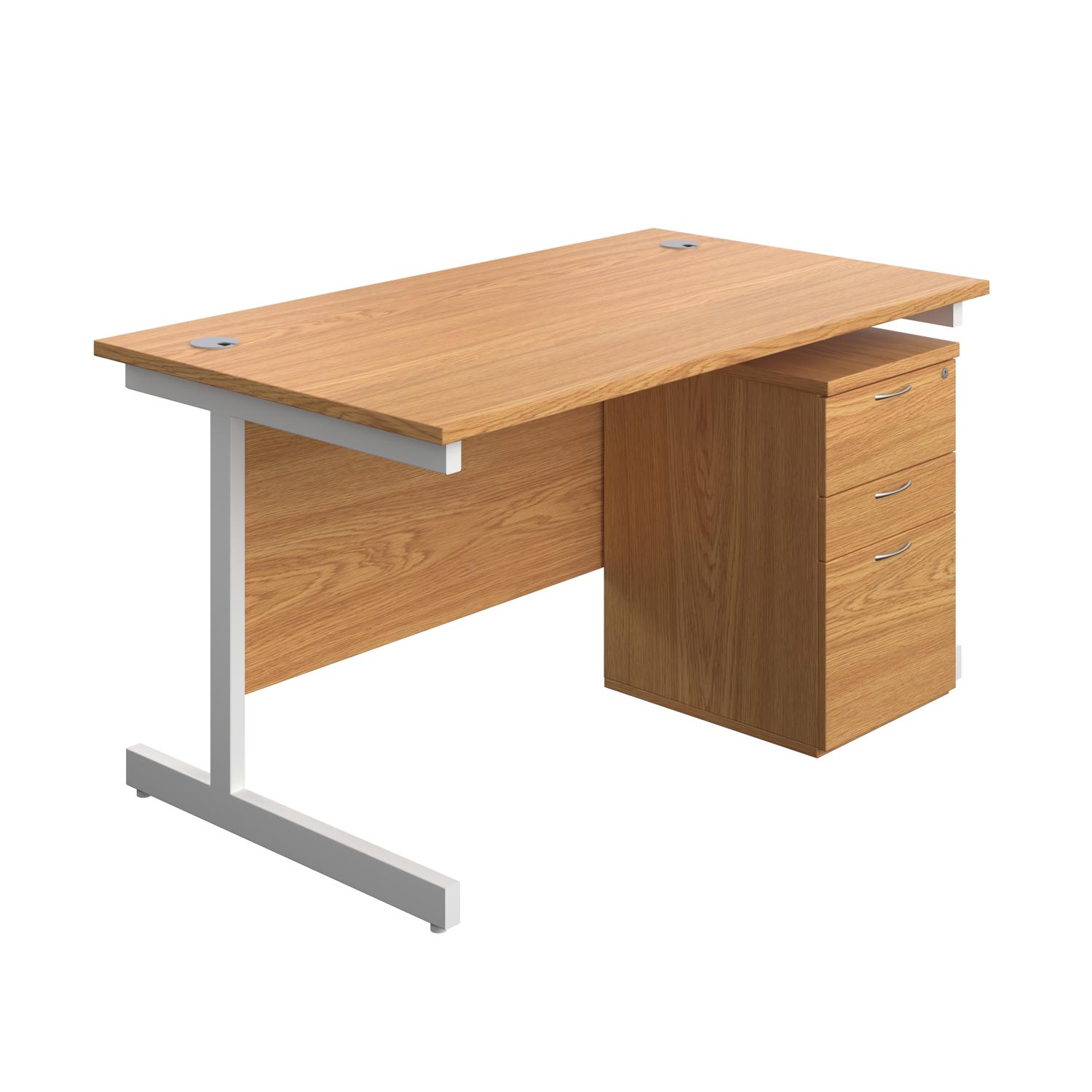 Single Upright Rectangular Desk + High Mobile Pedestal 3 Drawer  1400 X 800 Nova Oak/White