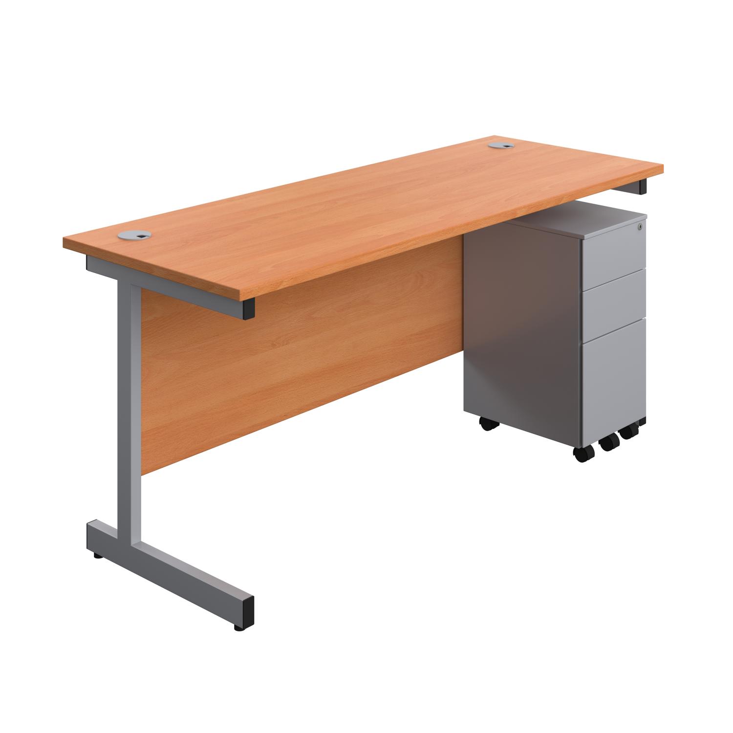 Single Upright Rectangular Desk + Slimline Steel Pedestal 3 Drawers  1600 X 600 Beech/Silver