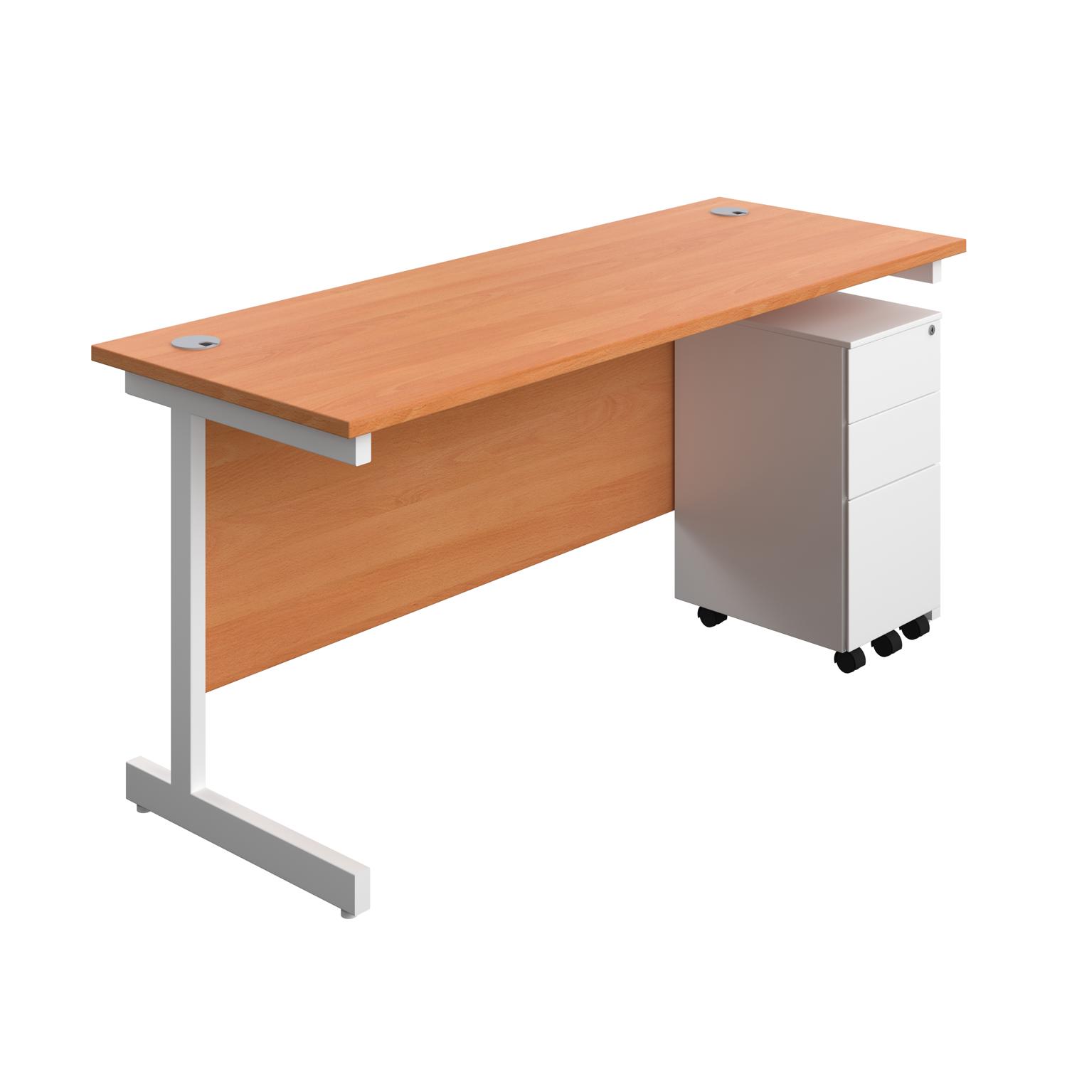 Single Upright Rectangular Desk + Slimline Steel Pedestal 3 Drawers  1600 X 600 Beech/White