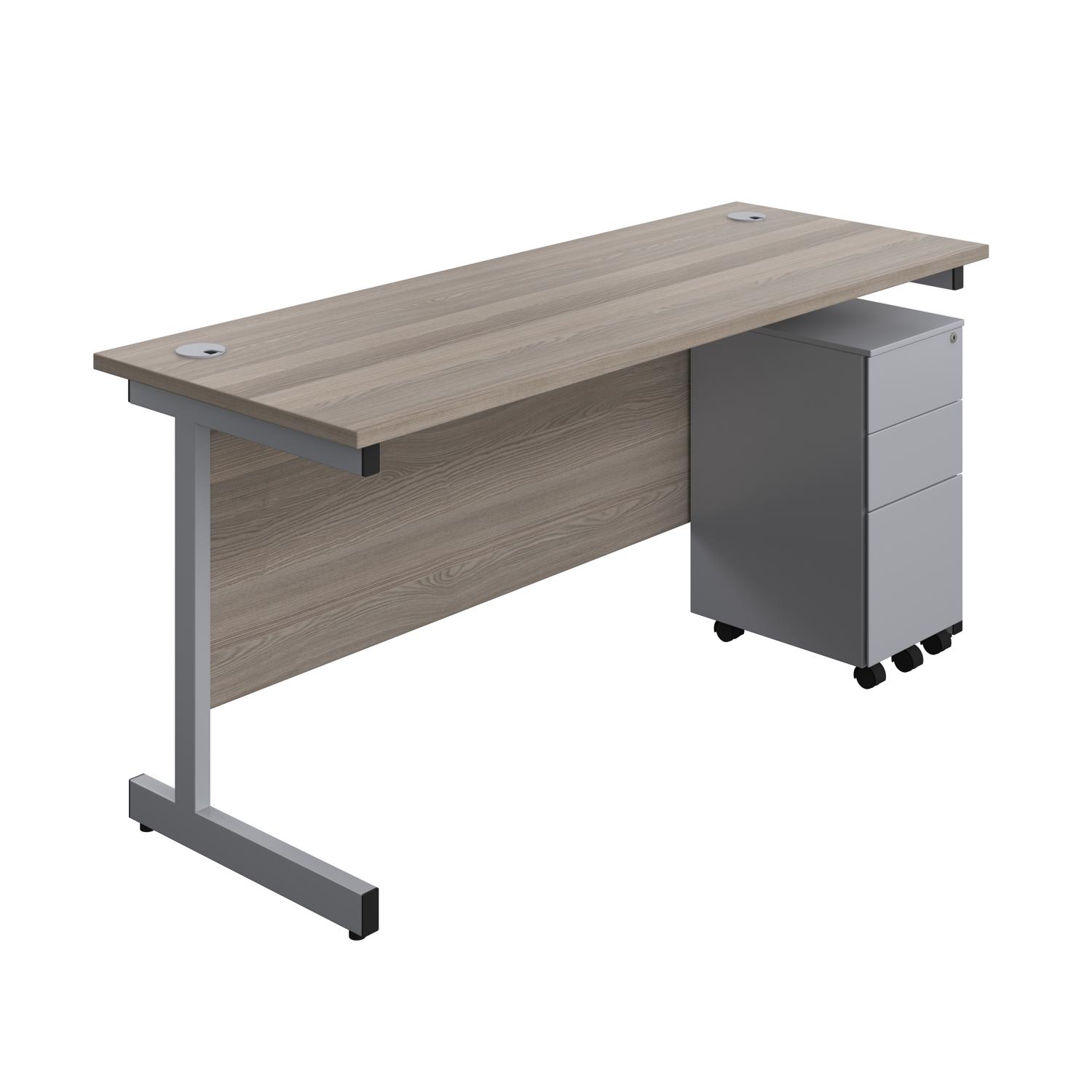 Single Upright Rectangular Desk + Slimline Steel Pedestal 3 Drawers  1600 X 600 Grey Oak/Silver
