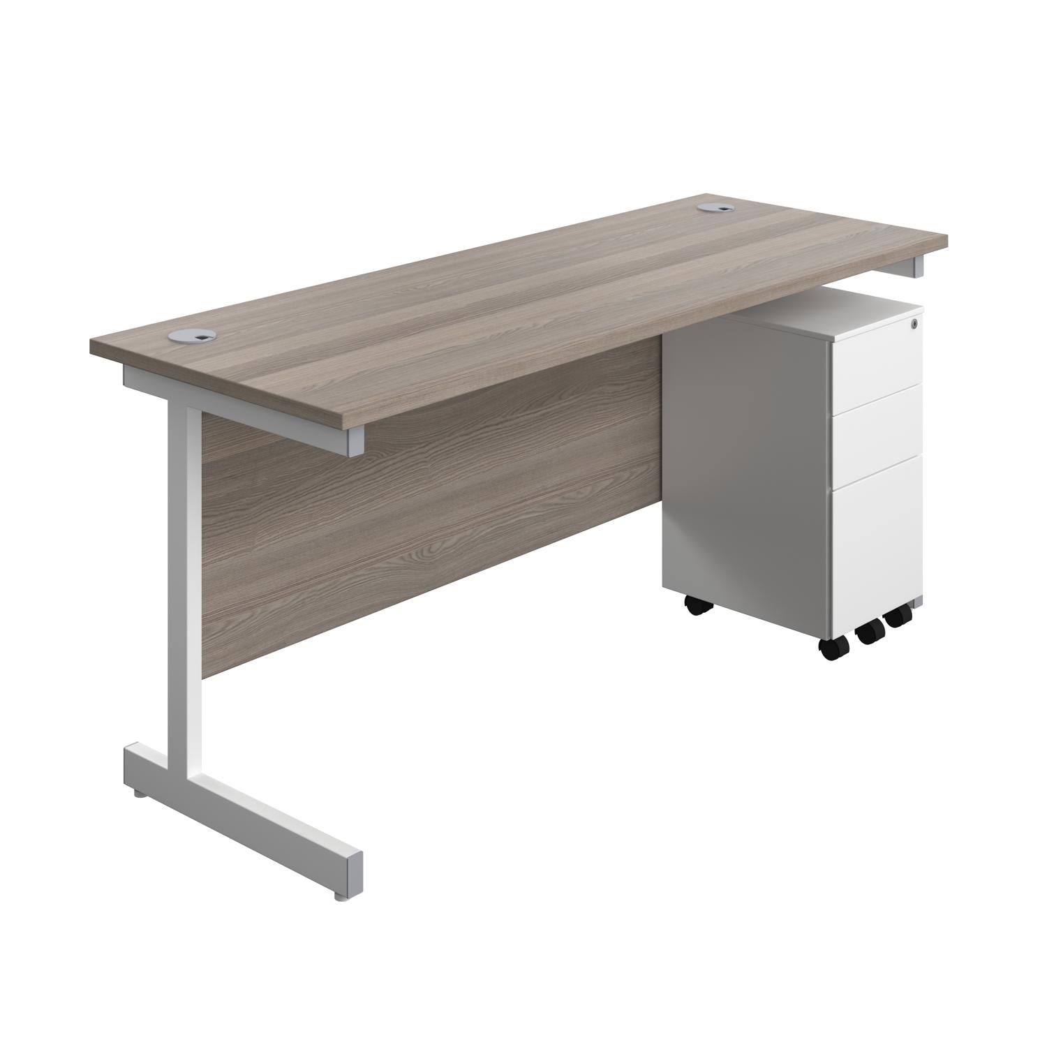 Single Upright Rectangular Desk + Slimline Steel Pedestal 3 Drawers  1600 X 600 Grey Oak/White