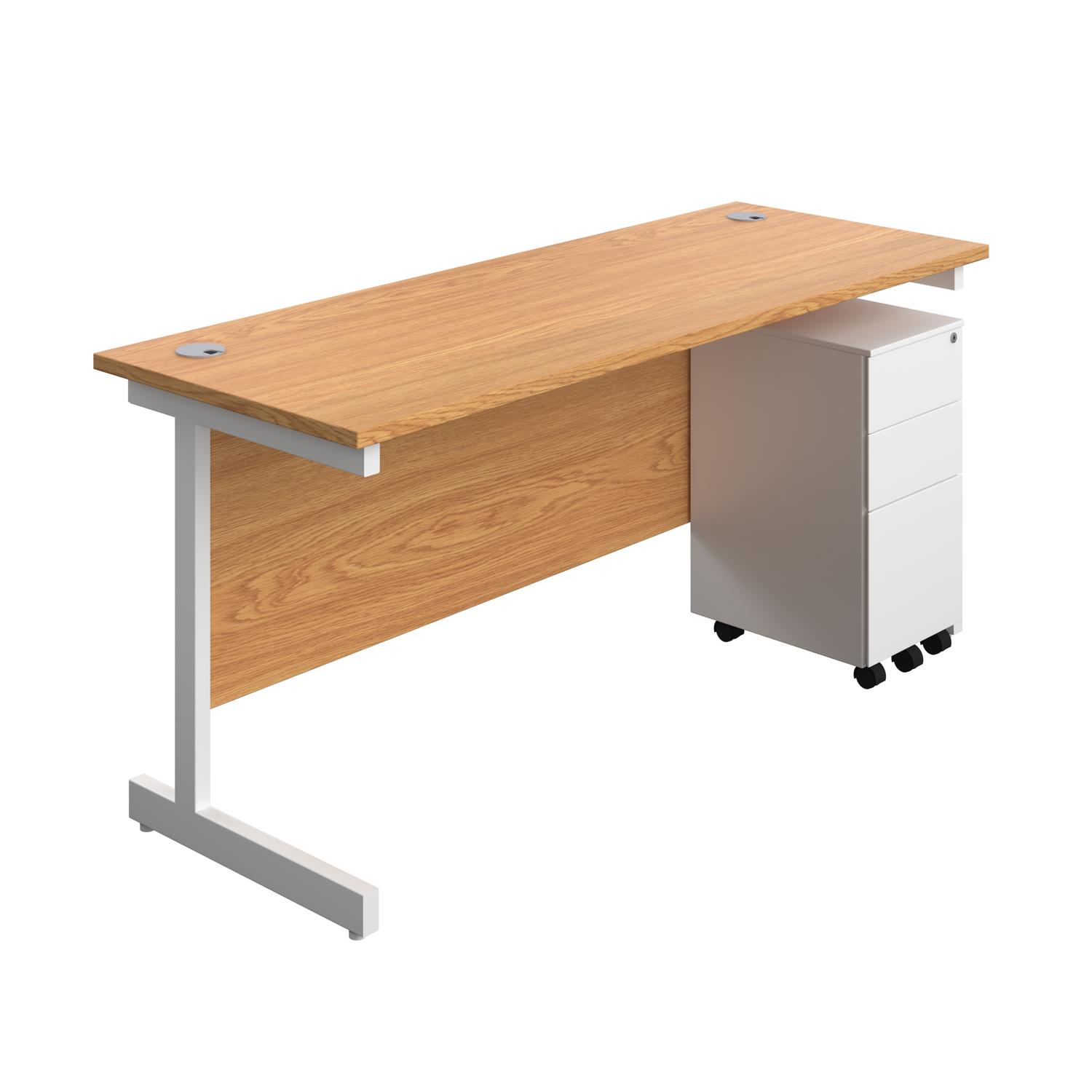 Single Upright Rectangular Desk + Slimline Steel Pedestal 3 Drawers  1600 X 600 Nova Oak/White