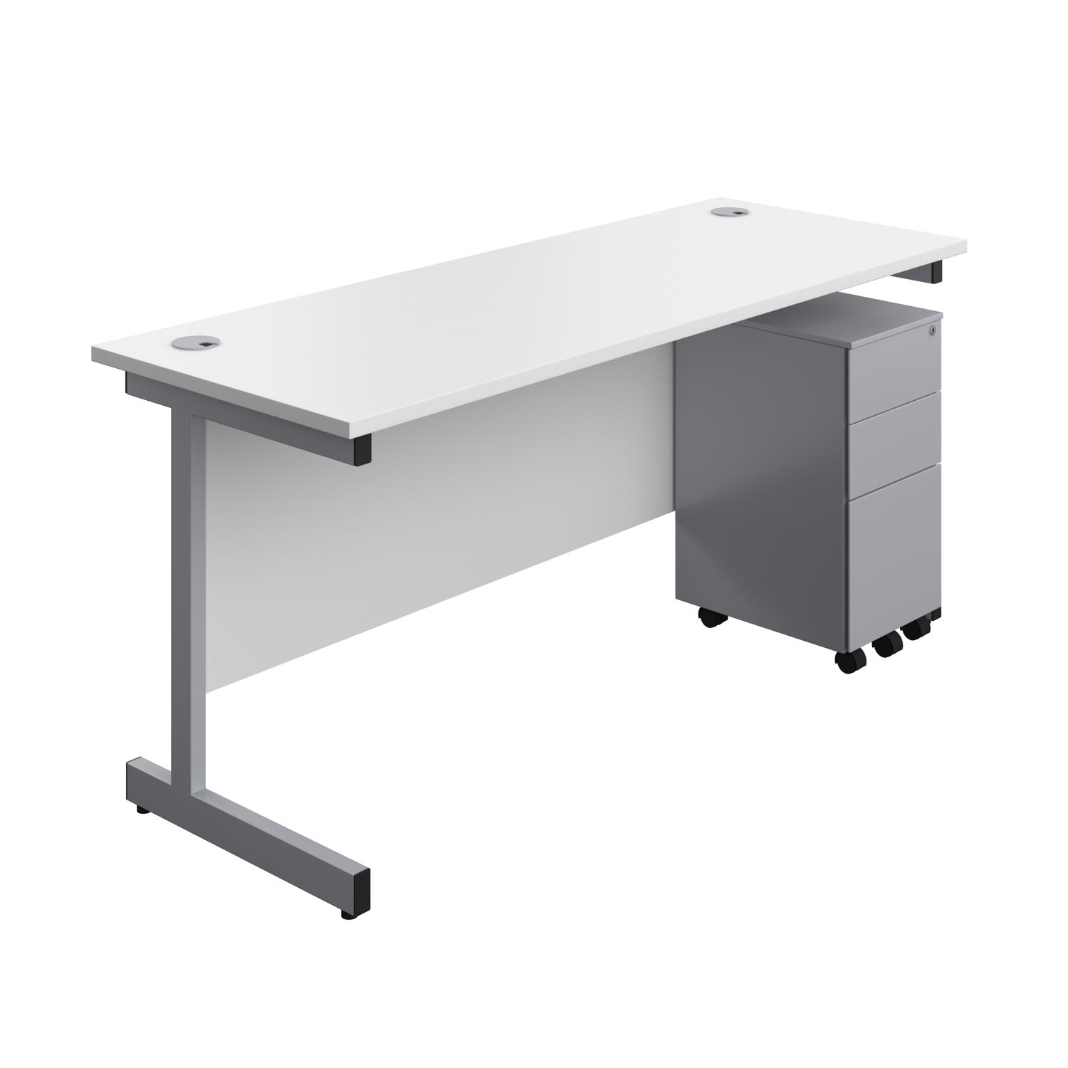 Single Upright Rectangular Desk + Slimline Steel Pedestal 3 Drawers  1600 X 600 White/Silver