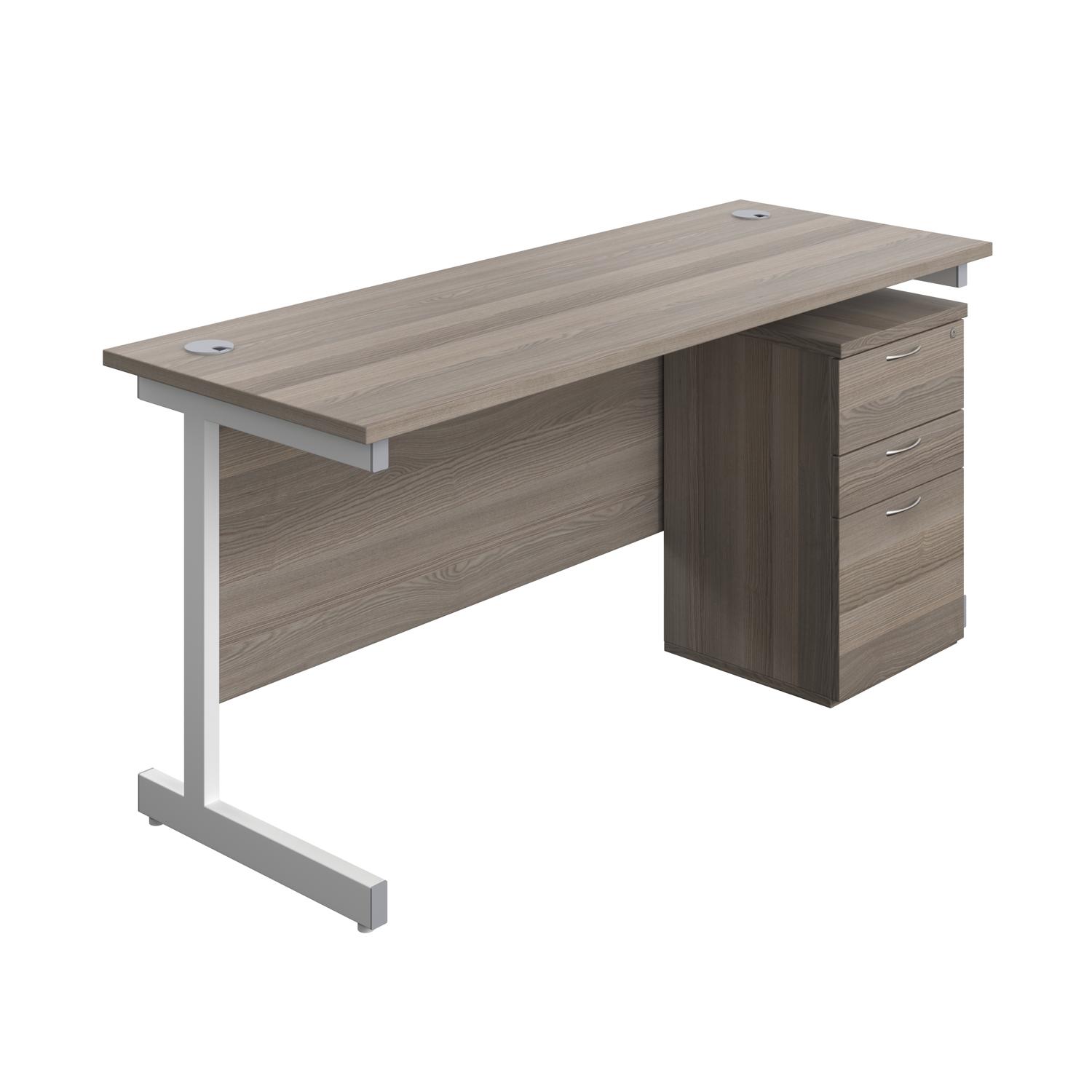 Single Upright Rectangular Desk + High Mobile Pedestal 3 Drawer  1600 X 600 Grey Oak/White
