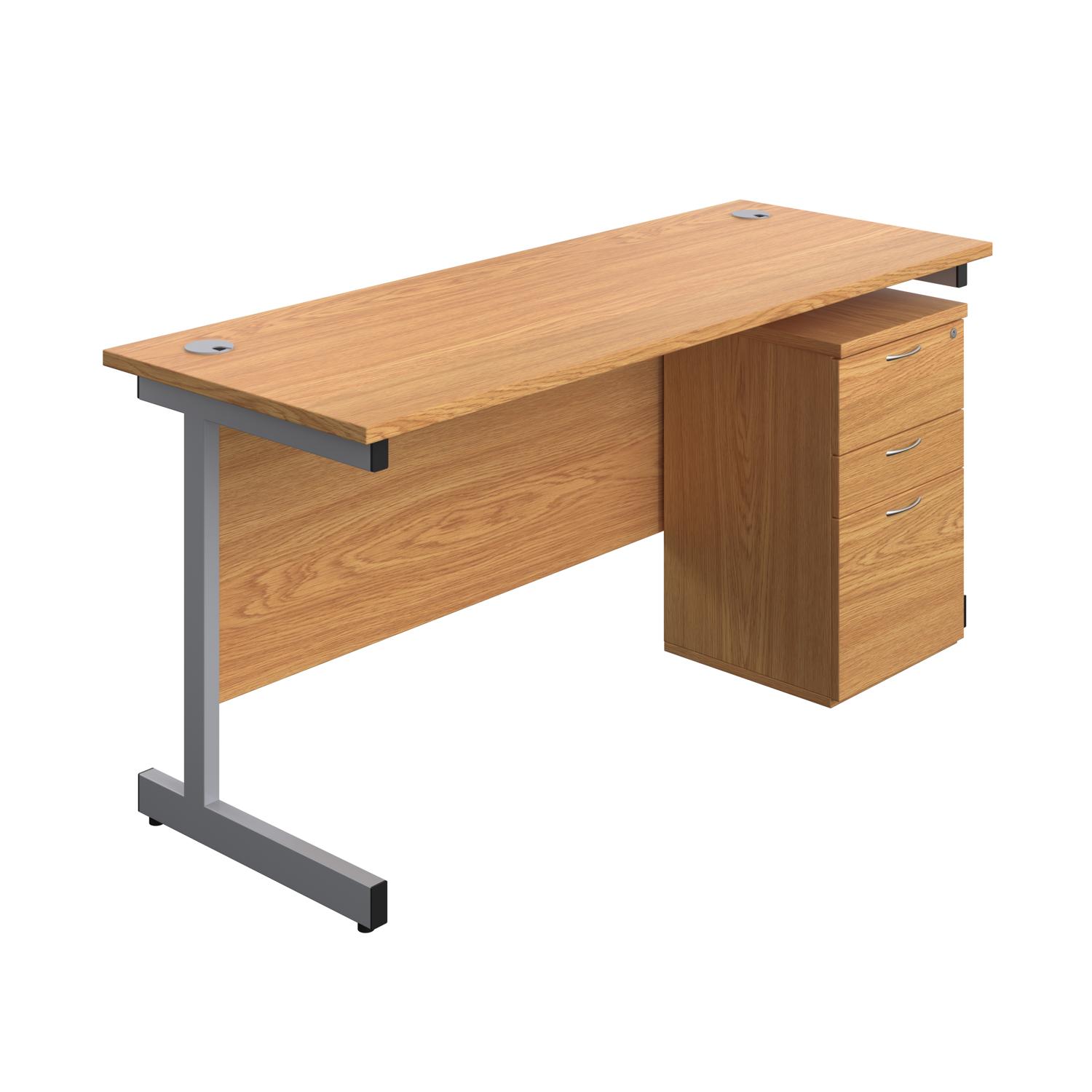 Single Upright Rectangular Desk + High Mobile Pedestal 3 Drawer  1600 X 600 Nova Oak/Silver