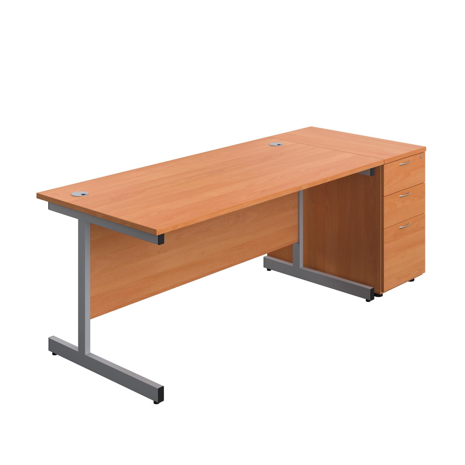 Single Upright Rectangular Desk + Desk High 3 Drawer Pedestal  1600 X 800 Beech/Silver