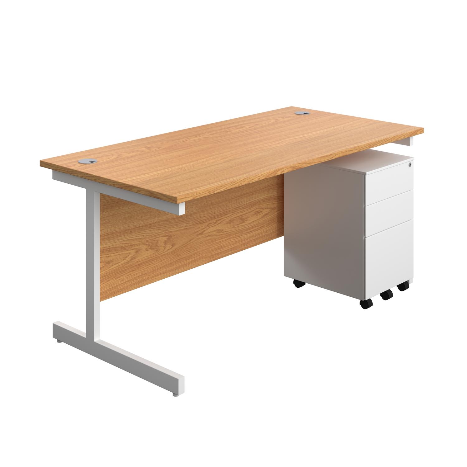 Single Upright Rectangular Desk + Under Desk Steel Pedestal 3 Drawers  1600 X 800 Nova Oak/White