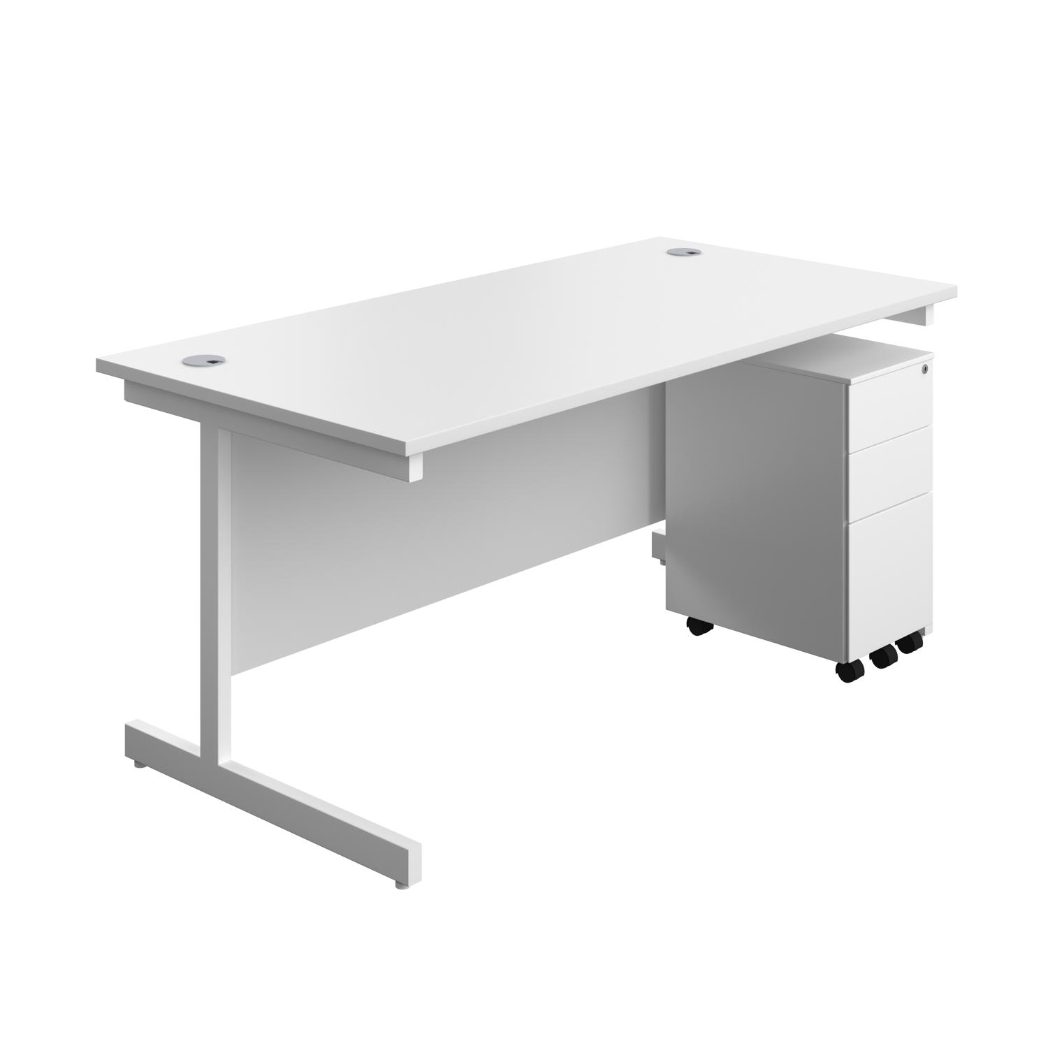 Single Upright Rectangular Desk + Slimline Steel Pedestal 3 Drawers  1600 X 800 White/White