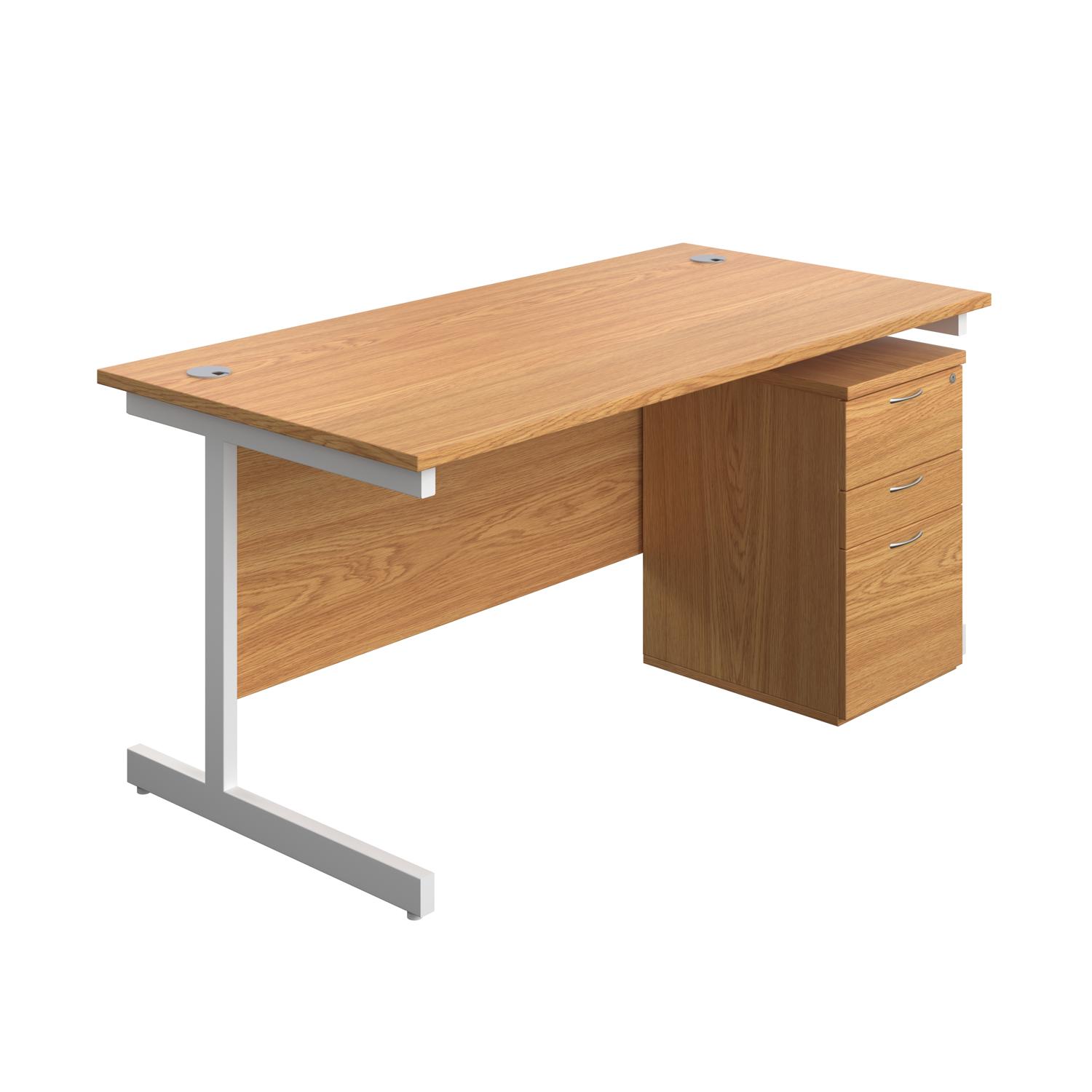 Single Upright Rectangular Desk + High Mobile Pedestal 3 Drawer  1600 X 800 Nova Oak/White