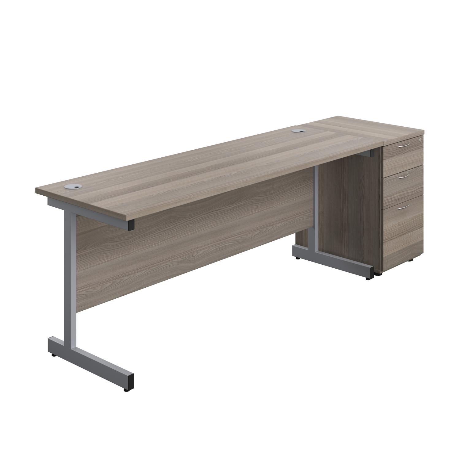 Single Upright Rectangular Desk + Desk High 3 Drawer Pedestal  1800 X 600 Grey Oak/Silver