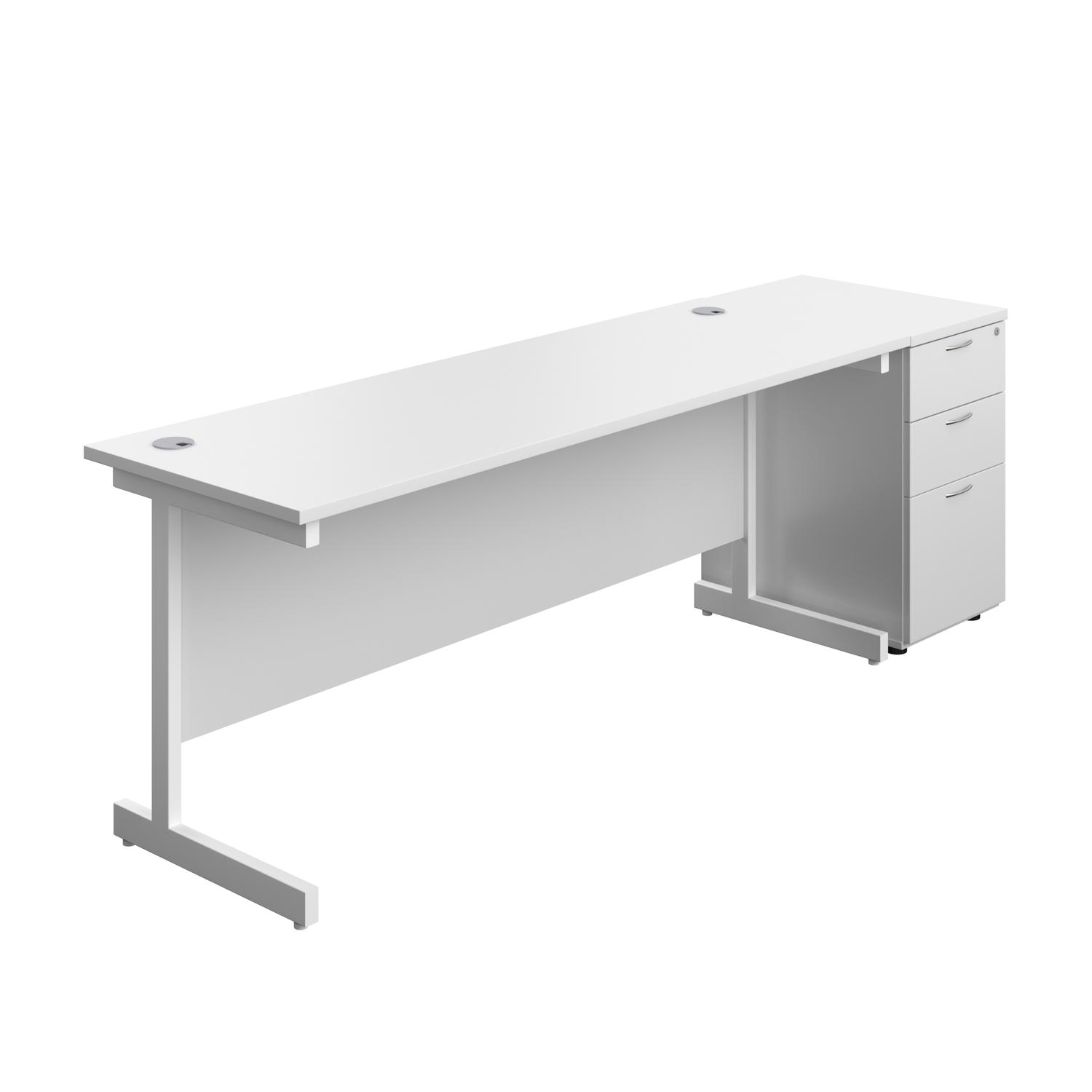 Single Upright Rectangular Desk + Desk High 3 Drawer Pedestal  1800 X 600 White/White