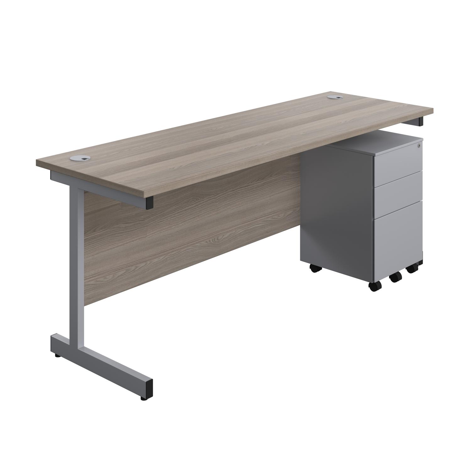 Single Upright Rectangular Desk + Under Desk Steel Pedestal 3 Drawers  1800 X 600 Grey Oak/Silver