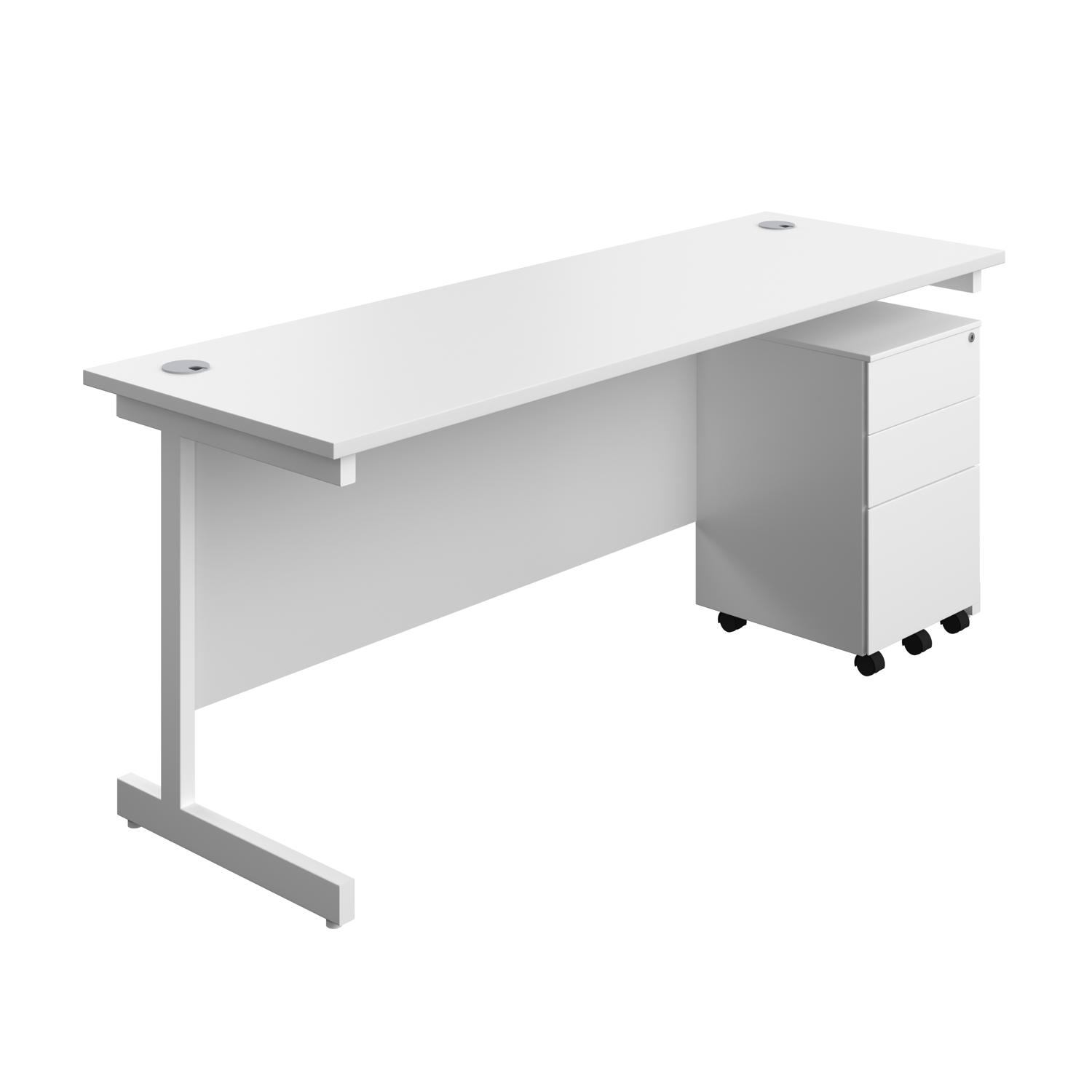 Single Upright Rectangular Desk + Under Desk Steel Pedestal 3 Drawers  1800 X 600 White/White