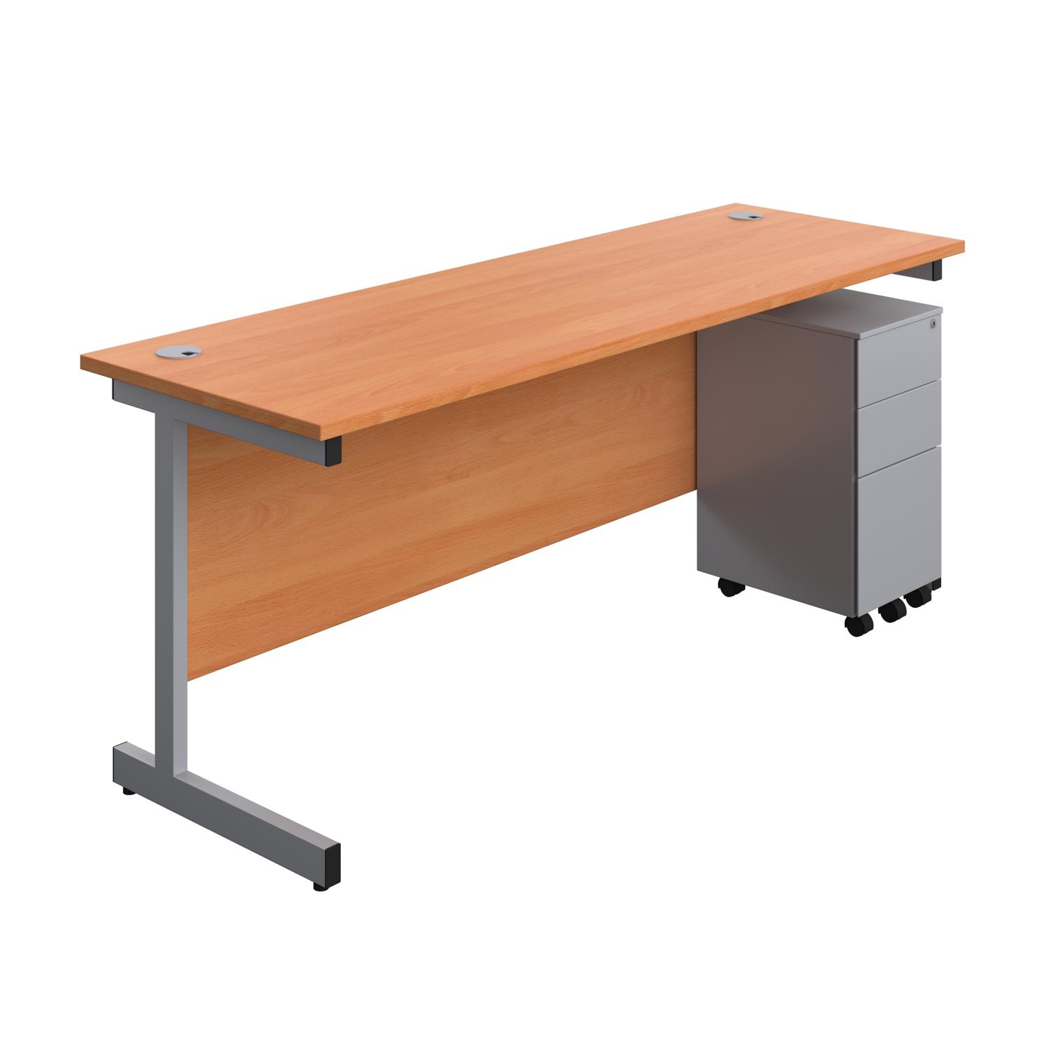 Single Upright Rectangular Desk + Slimline Steel Pedestal 3 Drawers  1800 X 600 Beech/Silver