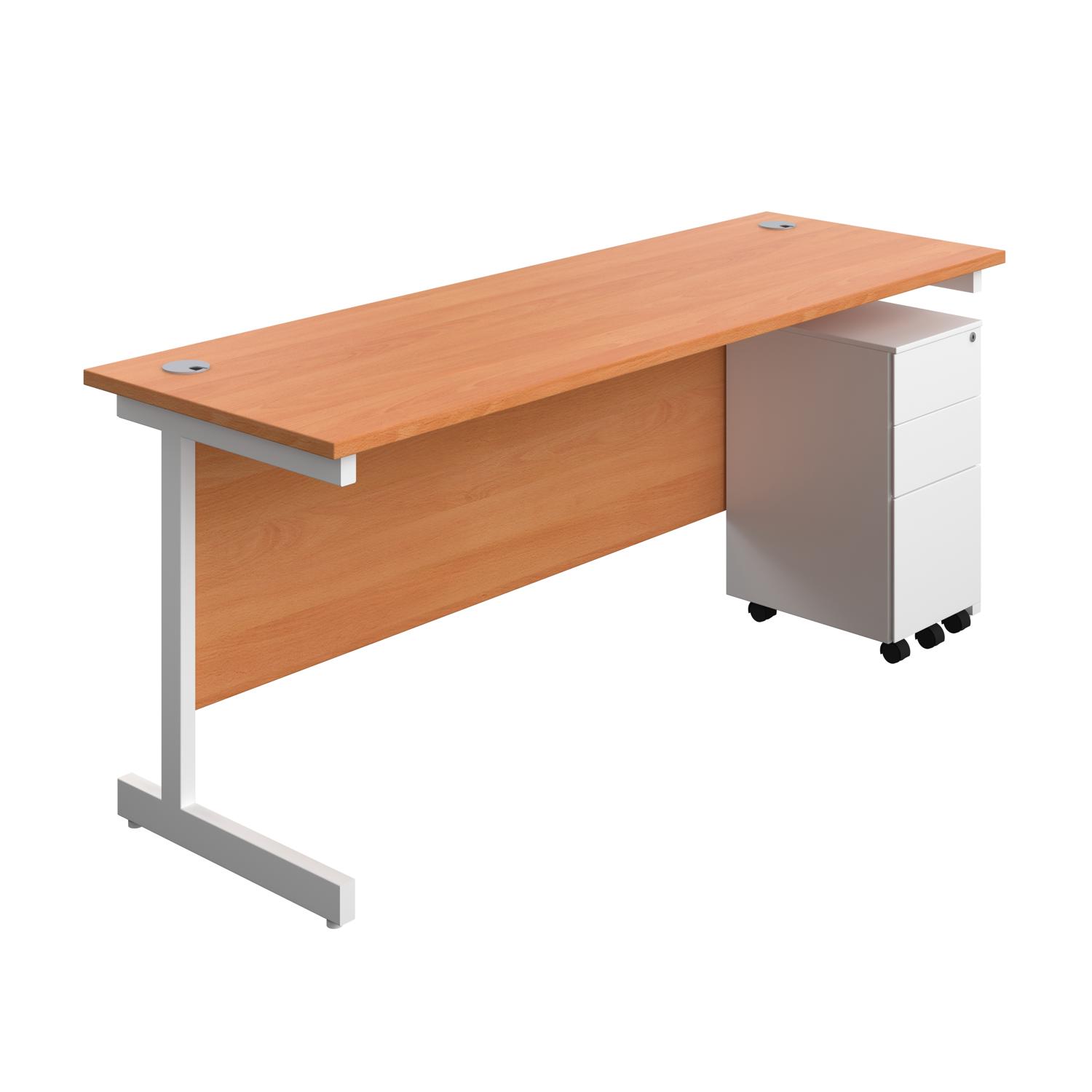 Single Upright Rectangular Desk + Slimline Steel Pedestal 3 Drawers  1800 X 600 Beech/White