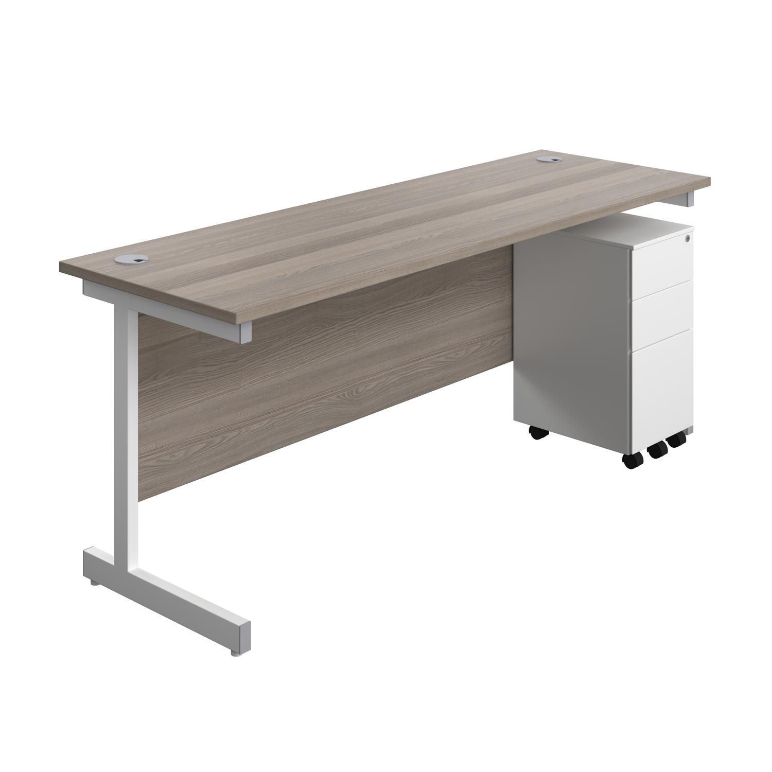 Single Upright Rectangular Desk + Slimline Steel Pedestal 3 Drawers  1800 X 600 Grey Oak/White