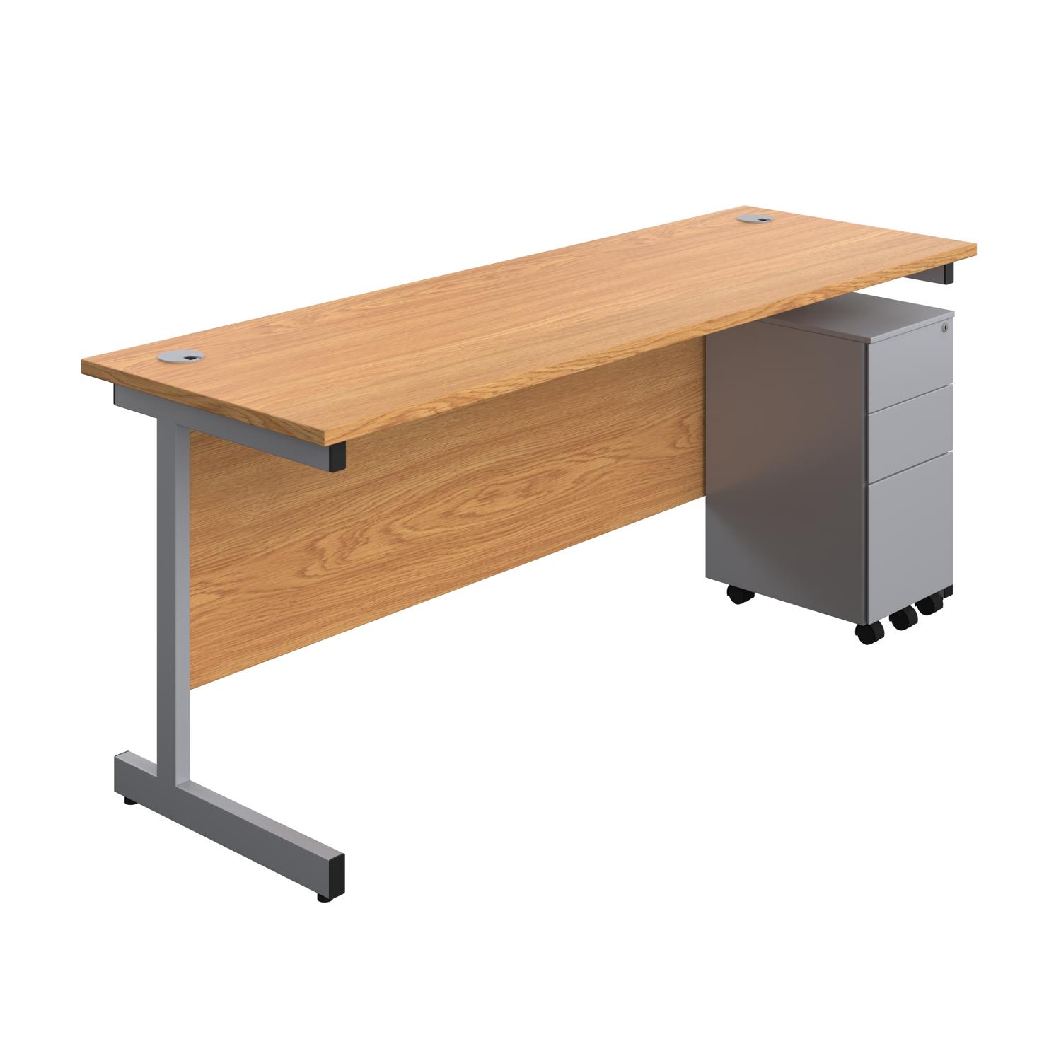 Single Upright Rectangular Desk + Slimline Steel Pedestal 3 Drawers  1800 X 600 Nova Oak/Silver