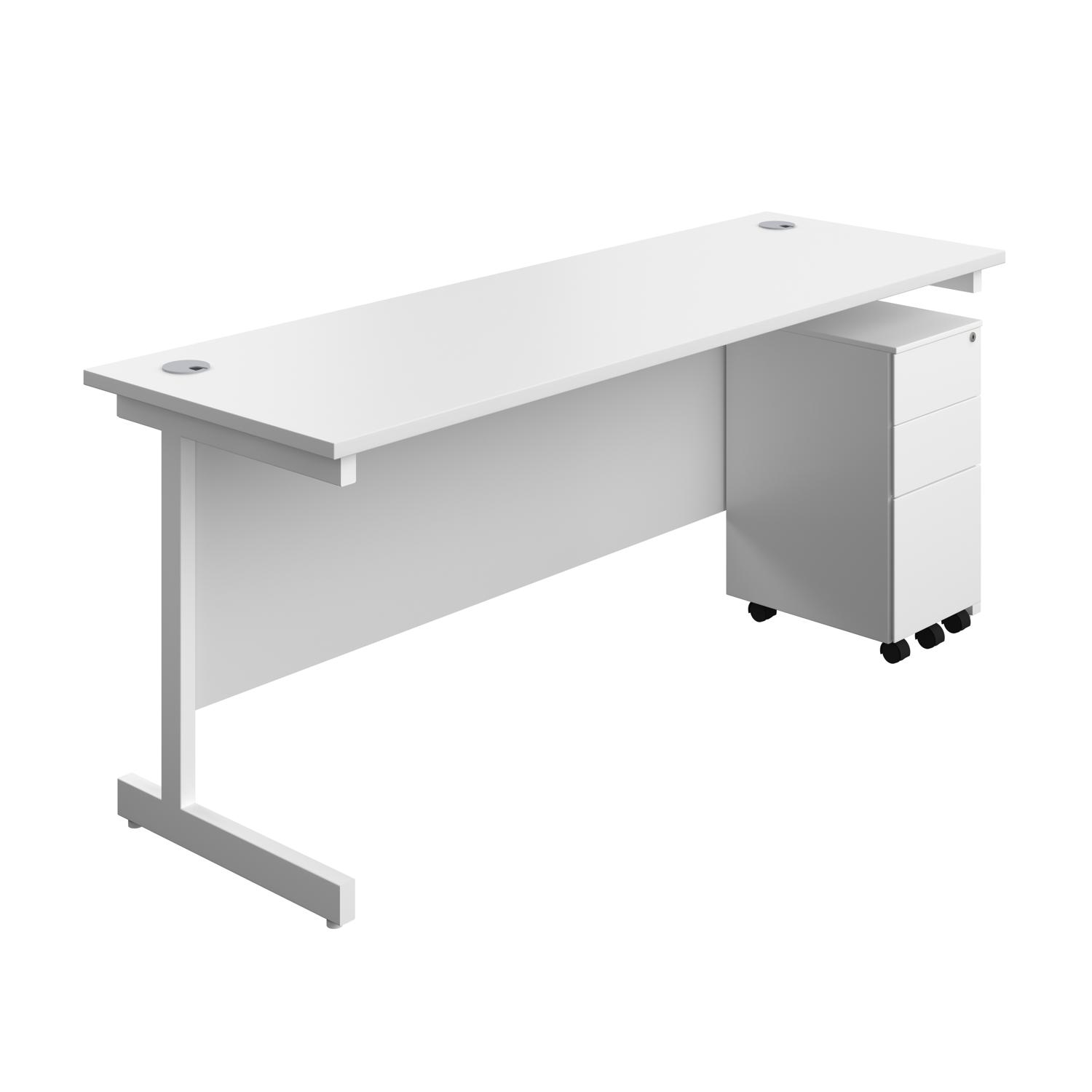 Single Upright Rectangular Desk + Slimline Steel Pedestal 3 Drawers  1800 X 600 White/White