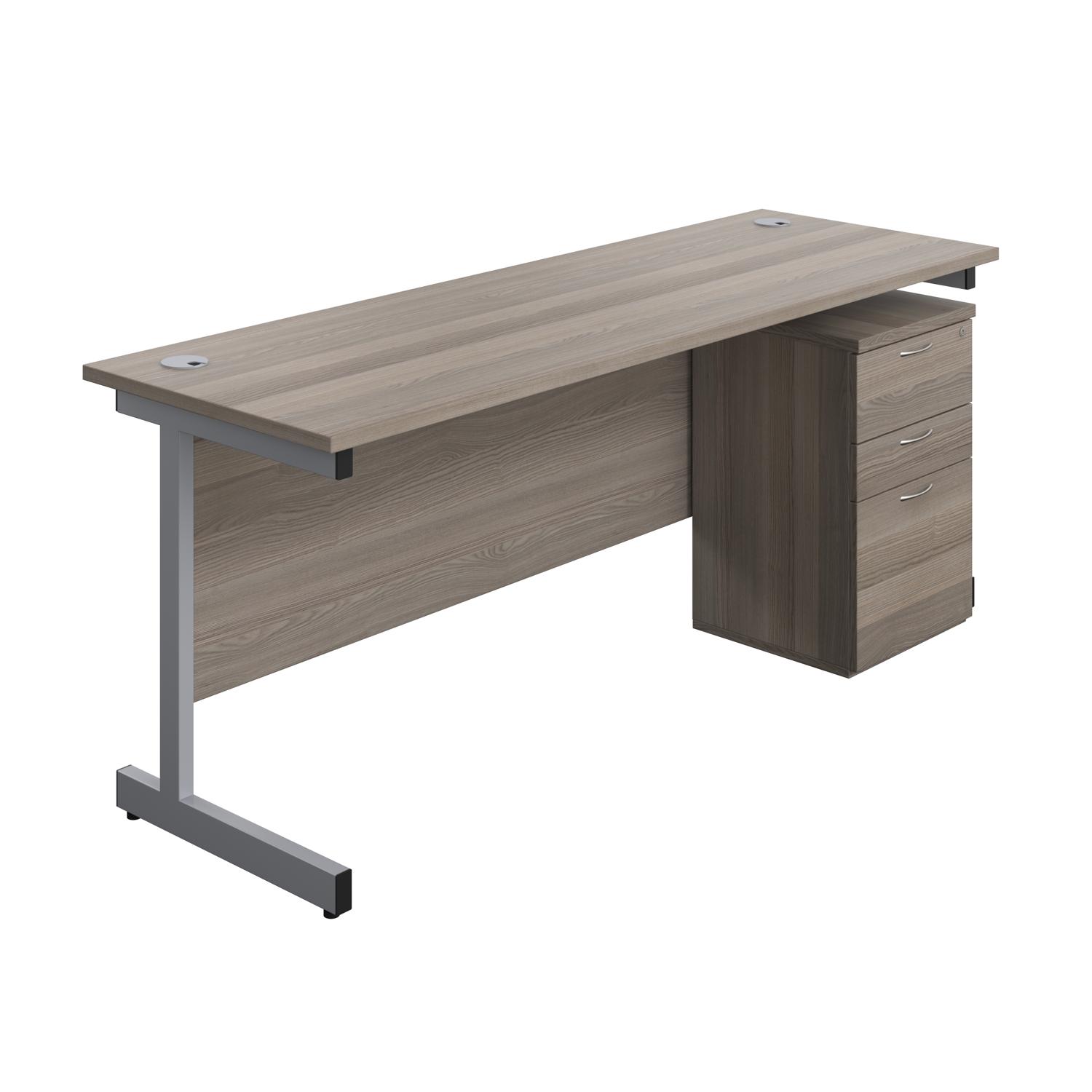 Single Upright Rectangular Desk + High Mobile Pedestal 3 Drawer  1800 X 600 Grey Oak/Silver