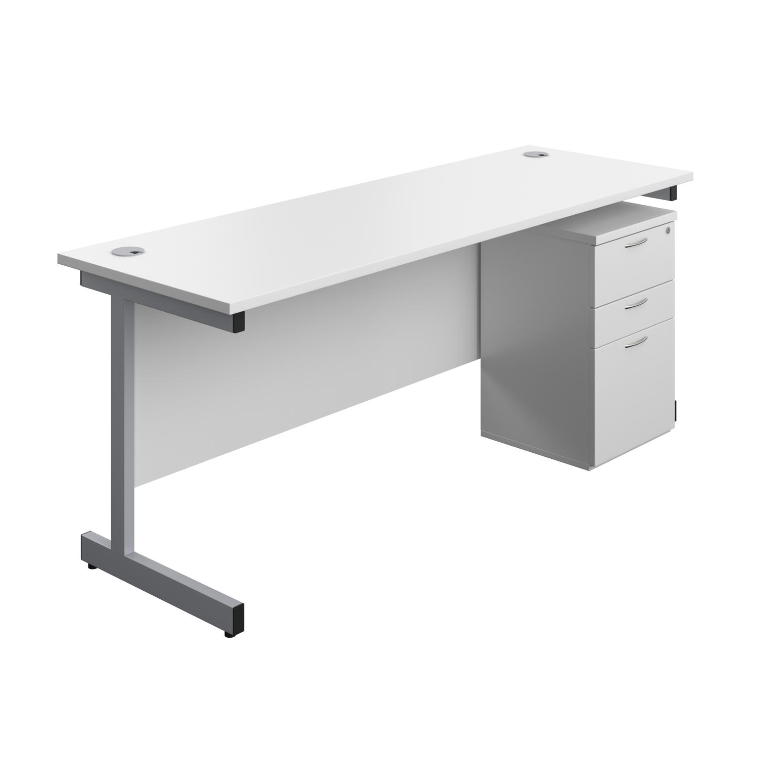 Single Upright Rectangular Desk + High Mobile Pedestal 3 Drawer  1800 X 600 White/Silver