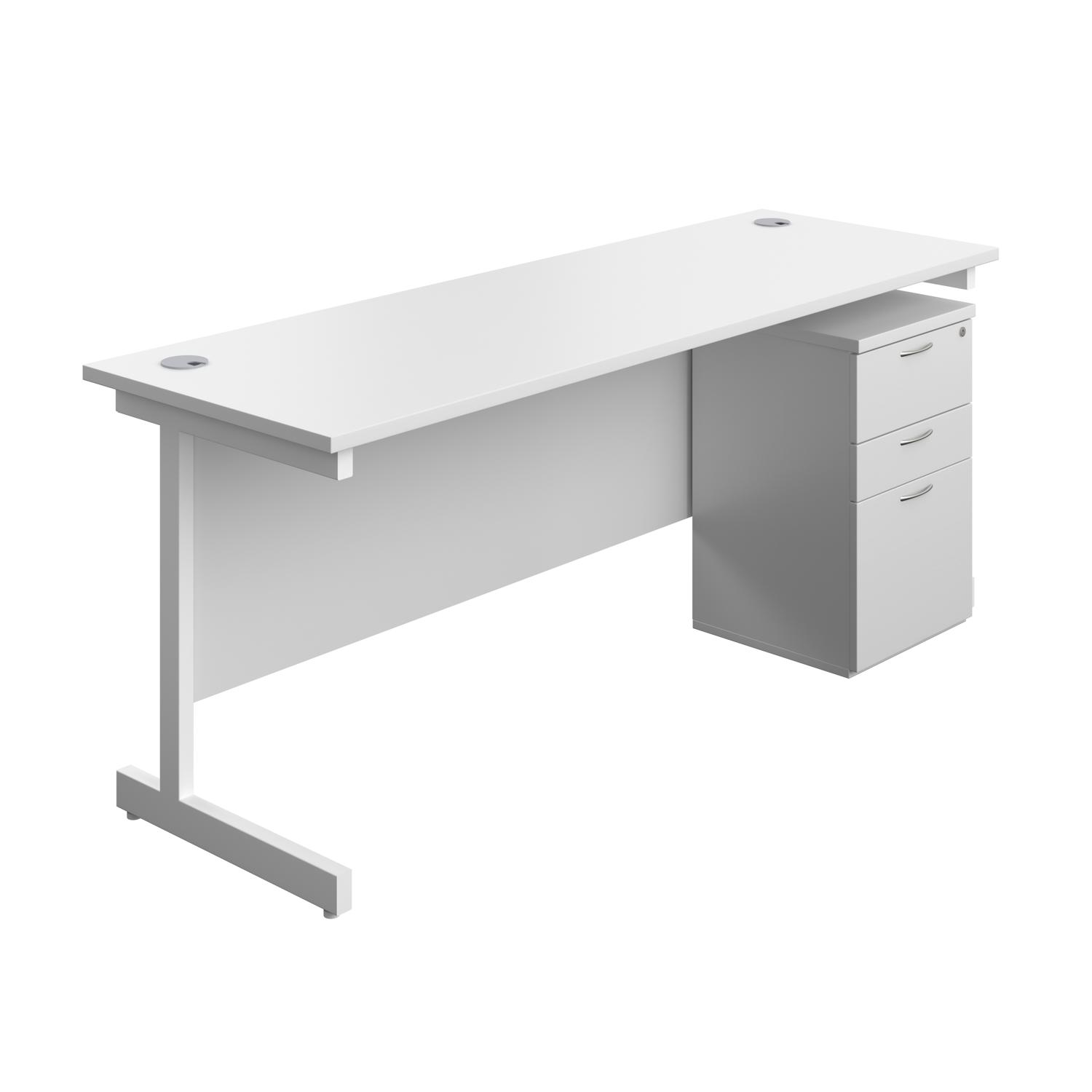 Single Upright Rectangular Desk + High Mobile Pedestal 3 Drawer  1800 X 600 White/White