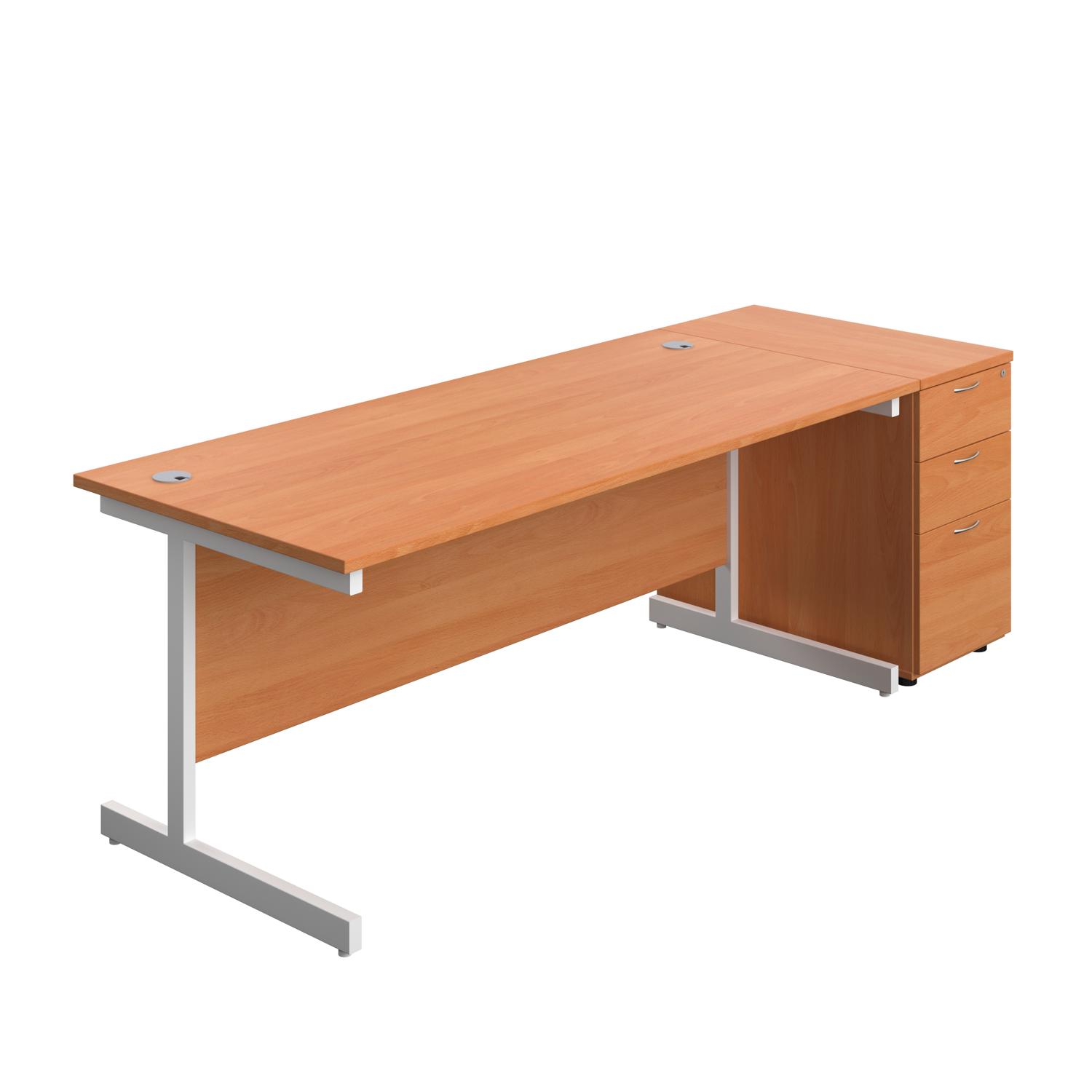 Single Upright Rectangular Desk + Desk High 3 Drawer Pedestal  1800 X 800 Beech/White