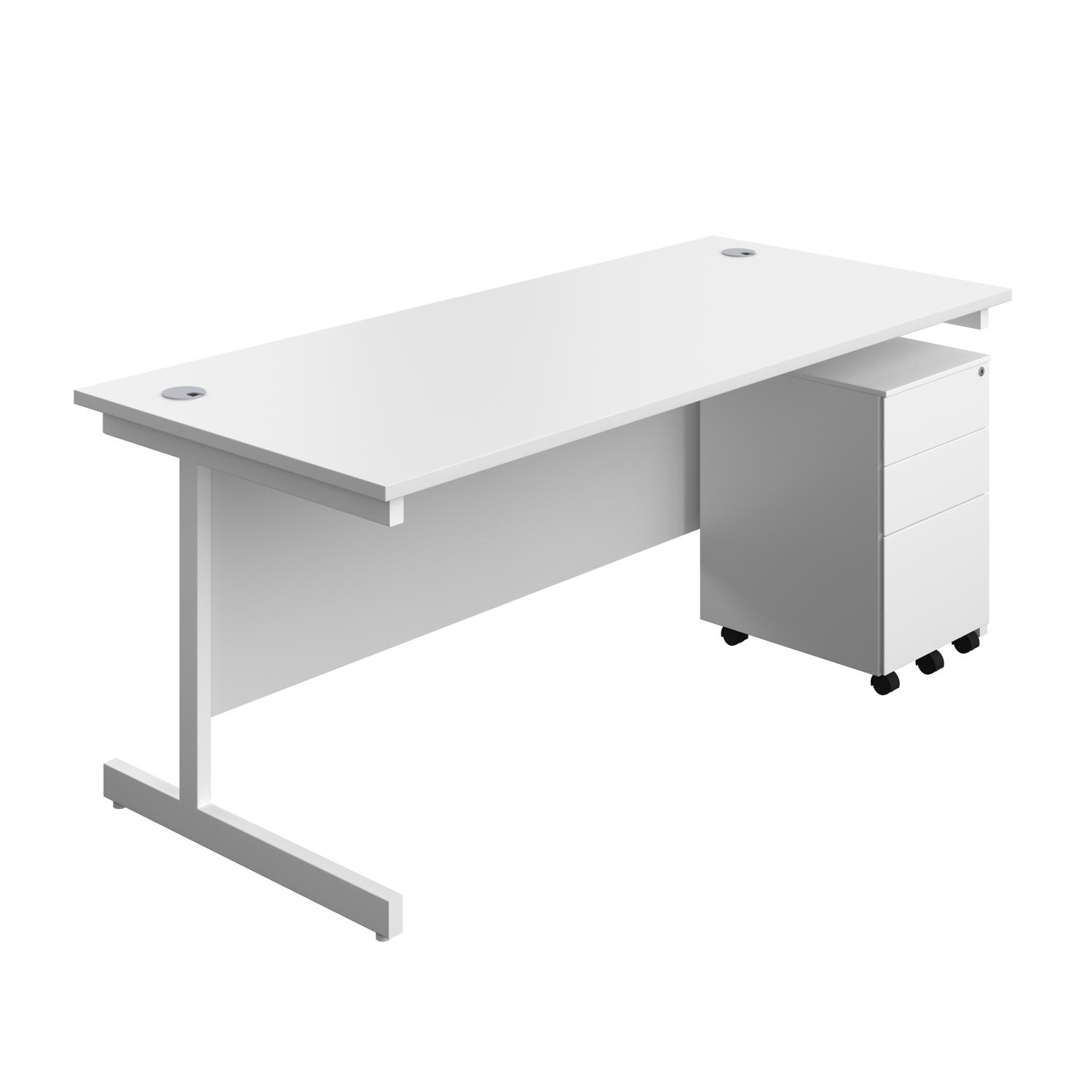 Single Upright Rectangular Desk + Under Desk Steel Pedestal 3 Drawers  1800 X 800 White/White