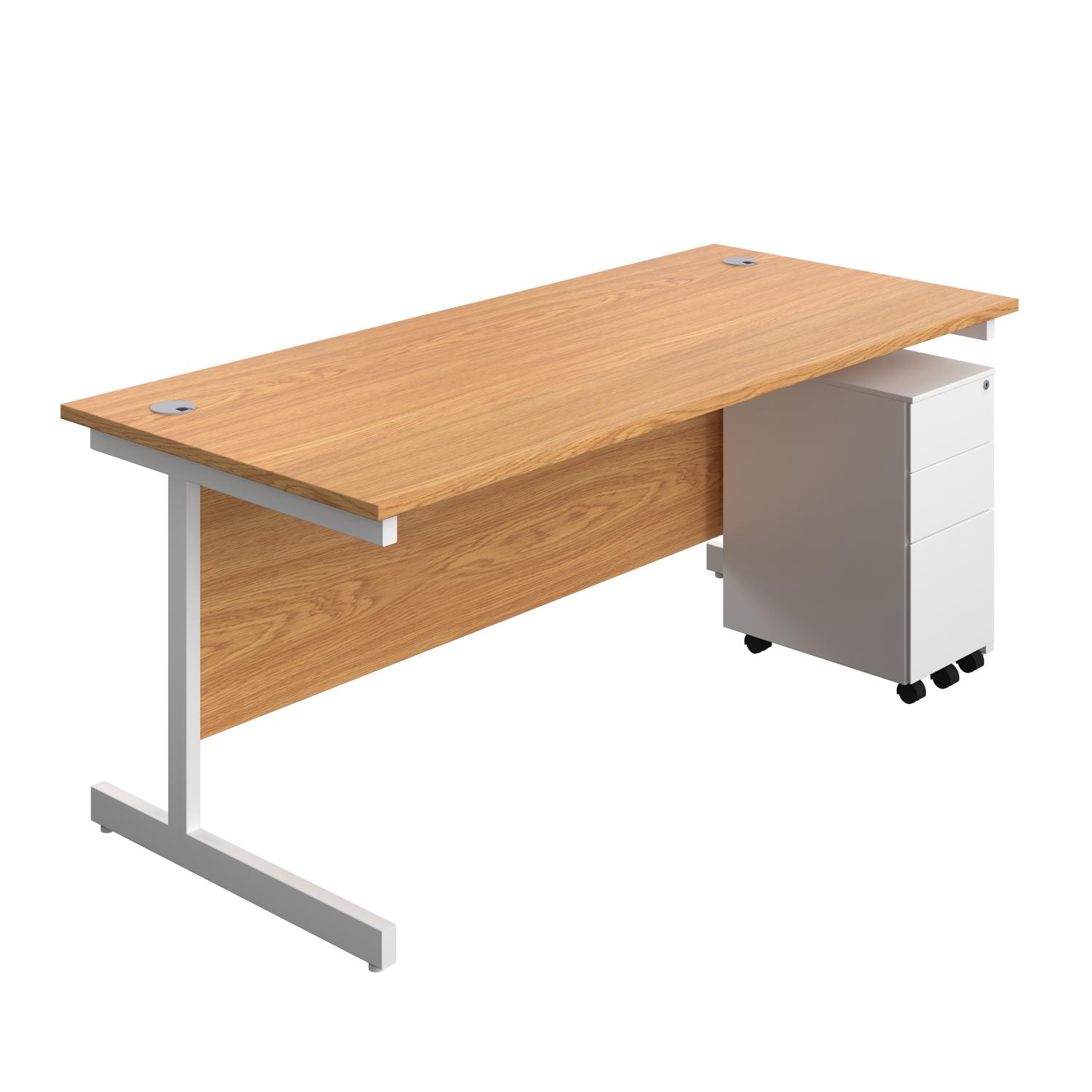 Single Upright Rectangular Desk + Slimline Steel Pedestal 3 Drawers  1800 X 800 Nova Oak/White