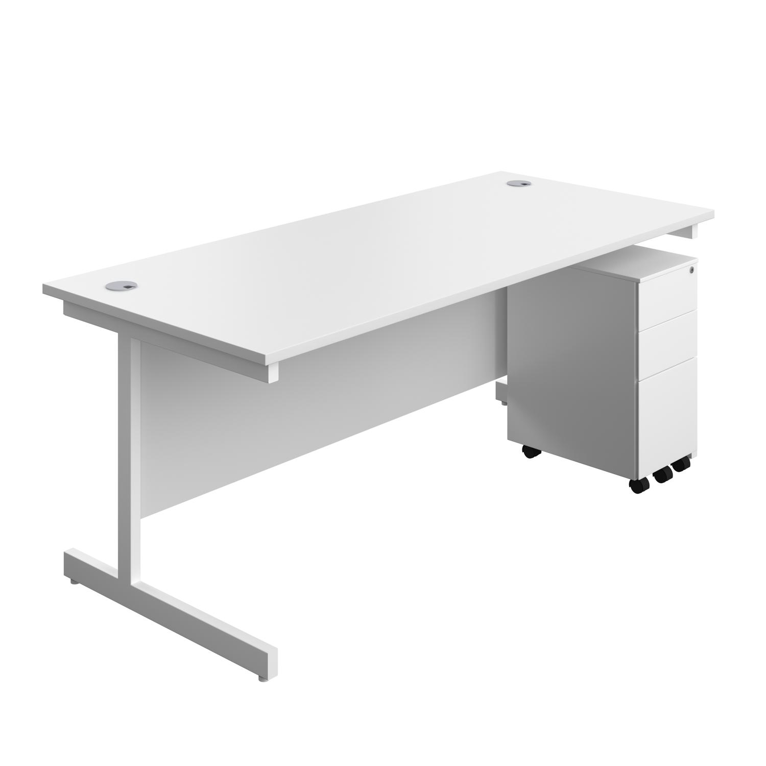 Single Upright Rectangular Desk + Slimline Steel Pedestal 3 Drawers  1800 X 800 White/White