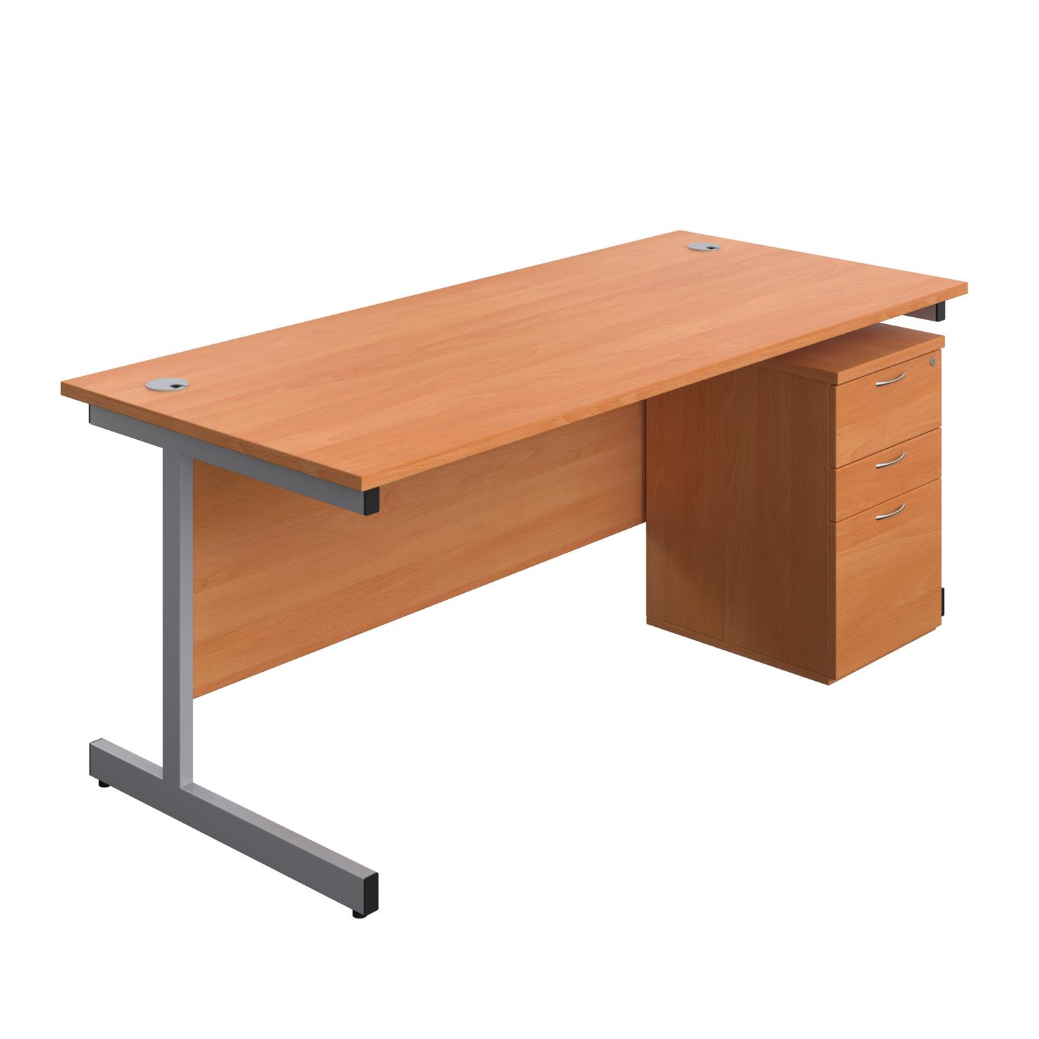 Single Upright Rectangular Desk + High Mobile Pedestal 3 Drawer  1800 X 800 Beech/Silver
