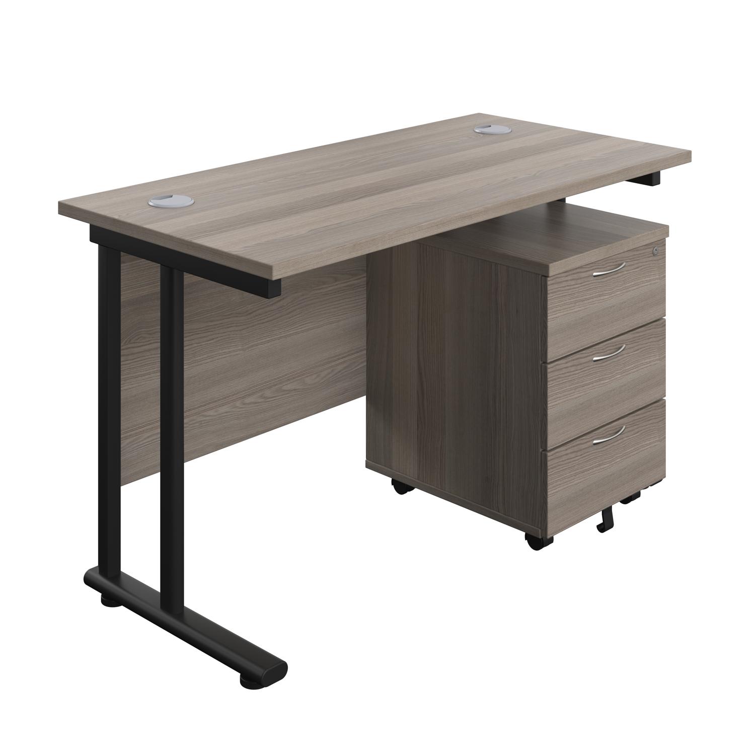 Twin Upright Rectangular Desk + Mobile 3 Drawer Pedestal  1200X600 Grey Oak/Black
