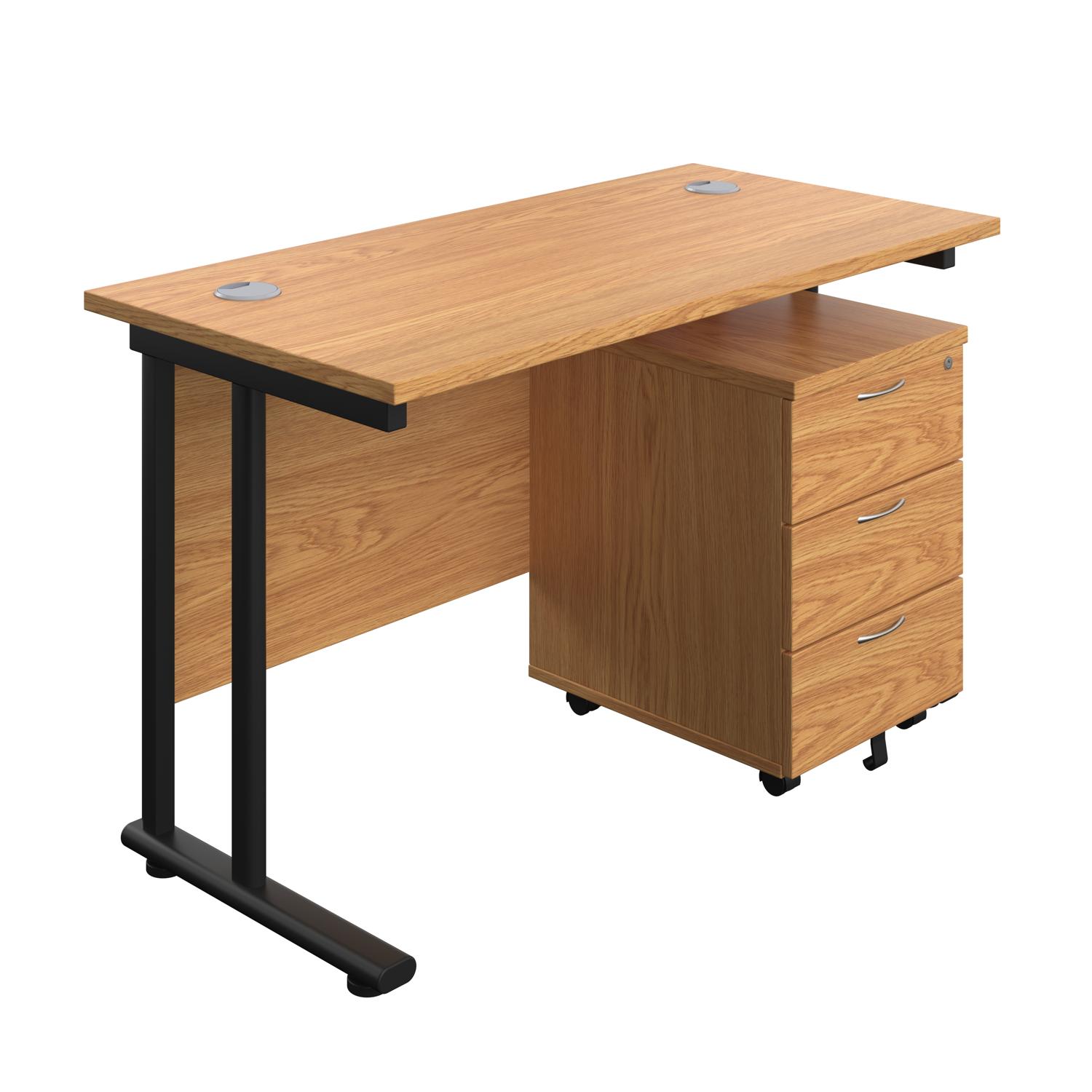 Twin Upright Rectangular Desk + Mobile 3 Drawer Pedestal  1200X600 Nova Oak/Black