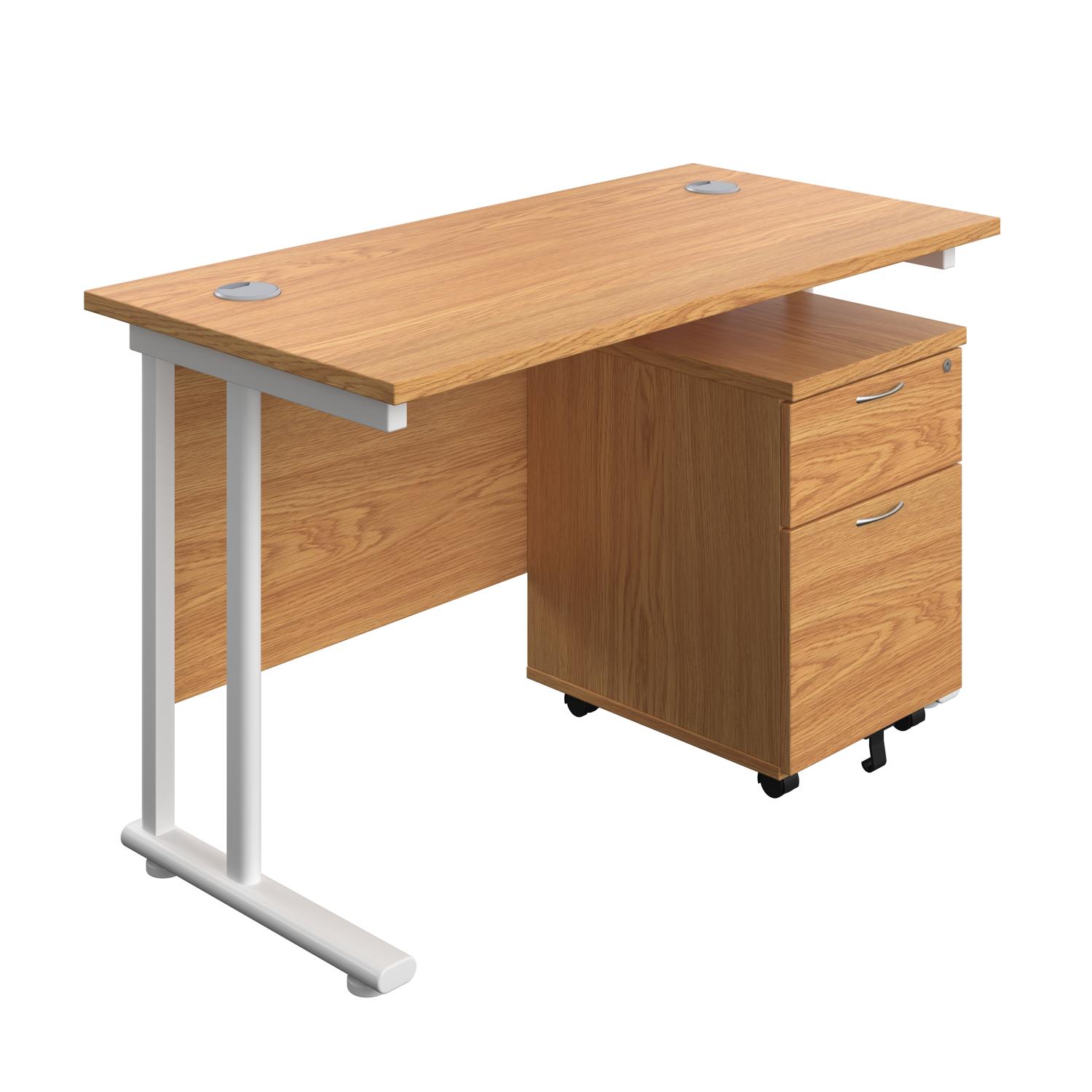 Twin Upright Rectangular Desk + Mobile 2 Drawer Pedestal  1200X600 Nova Oak/White