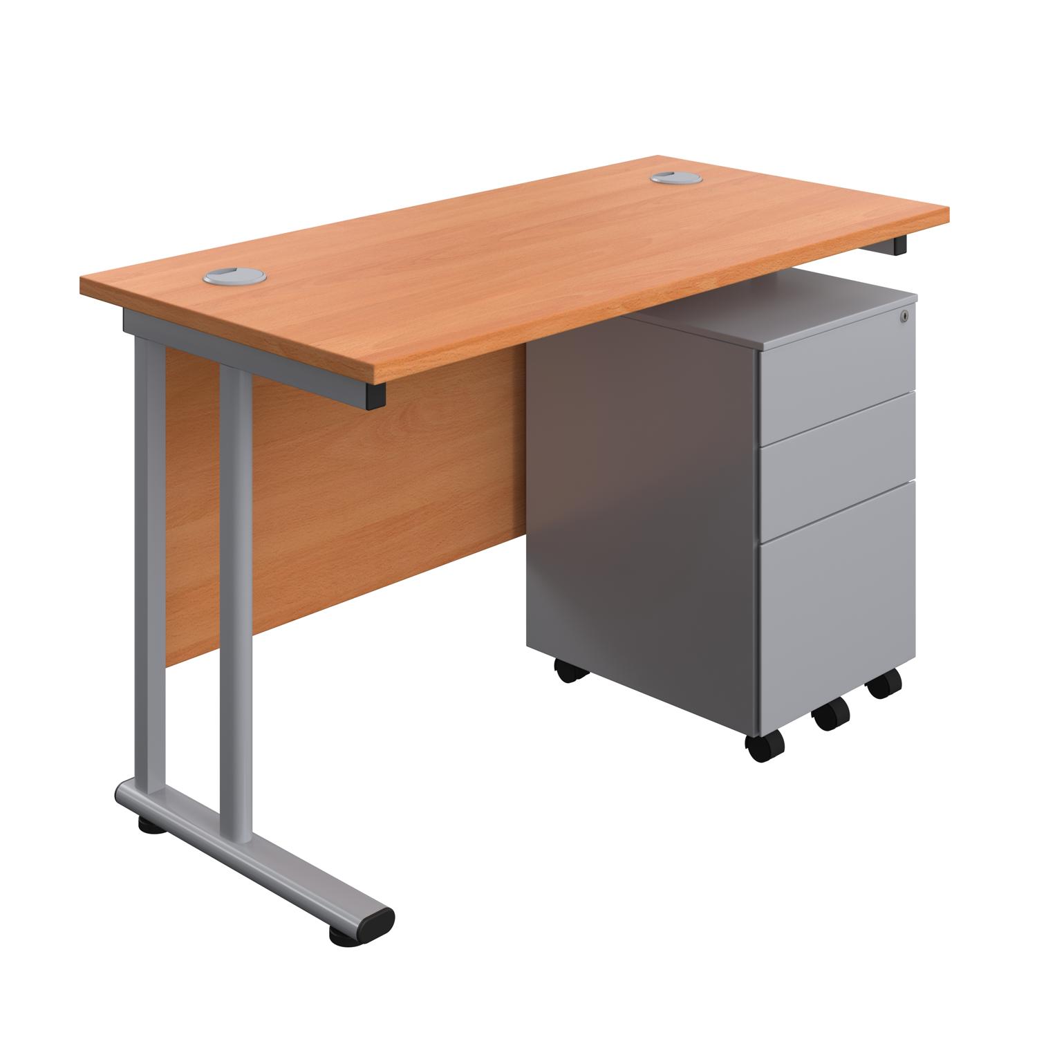 Twin Upright Rectangular Desk + Under Desk Steel Pedestal 3 Drawers  1200X600 Beech/Silver