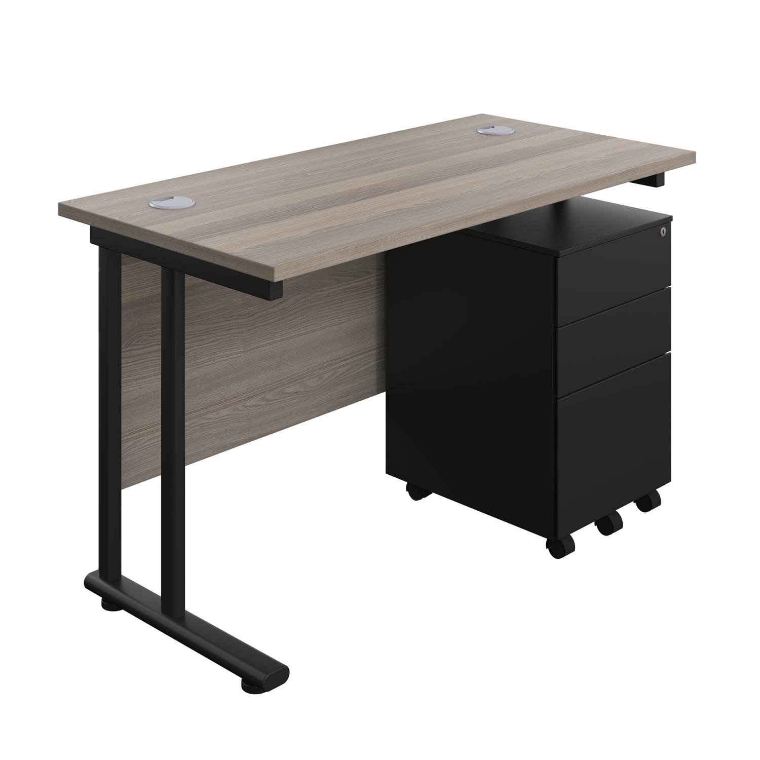 Twin Upright Rectangular Desk + Under Desk Steel Pedestal 3 Drawers  1200X600 Grey Oak/Black