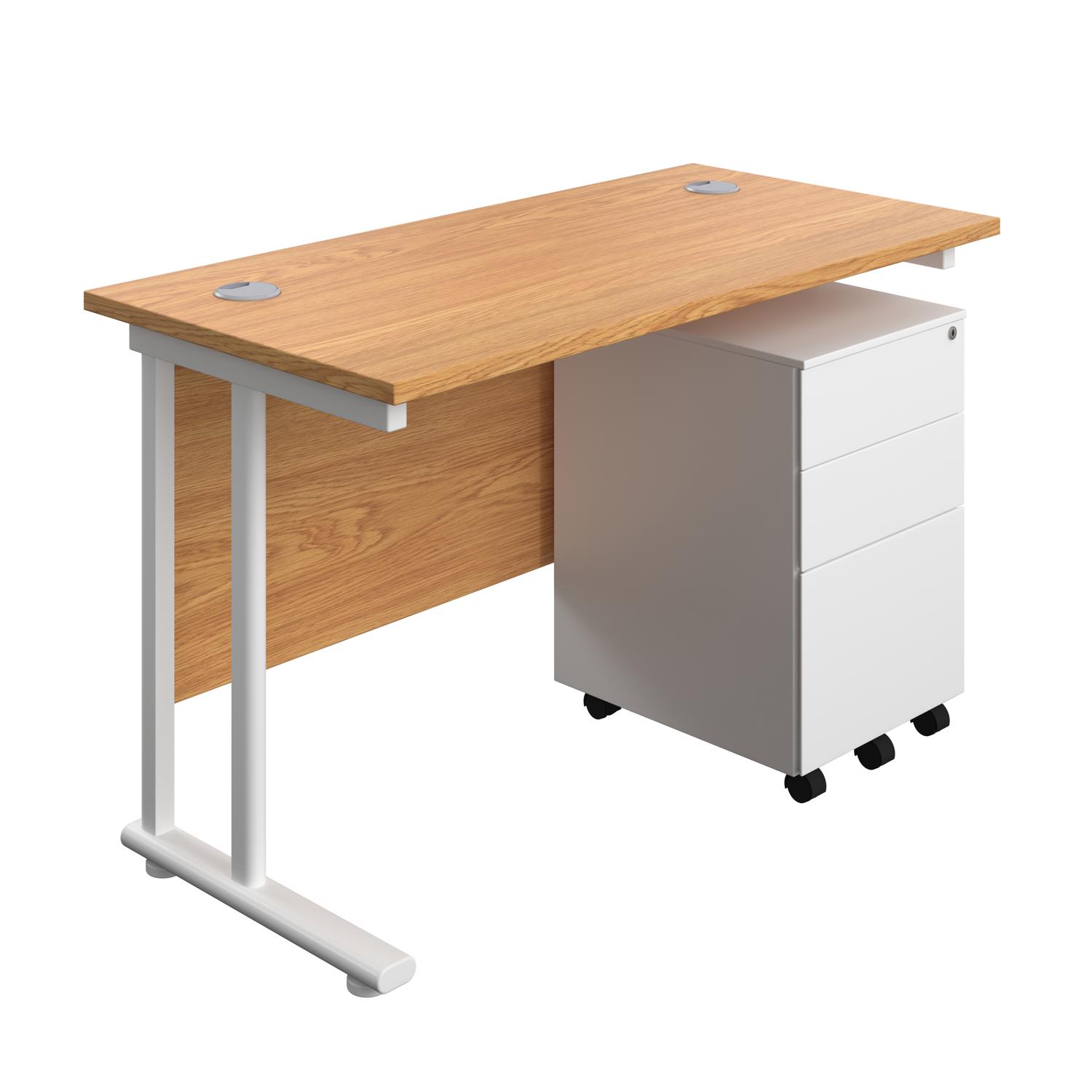 Twin Upright Rectangular Desk + Under Desk Steel Pedestal 3 Drawers  1200X600 Nova Oak/White