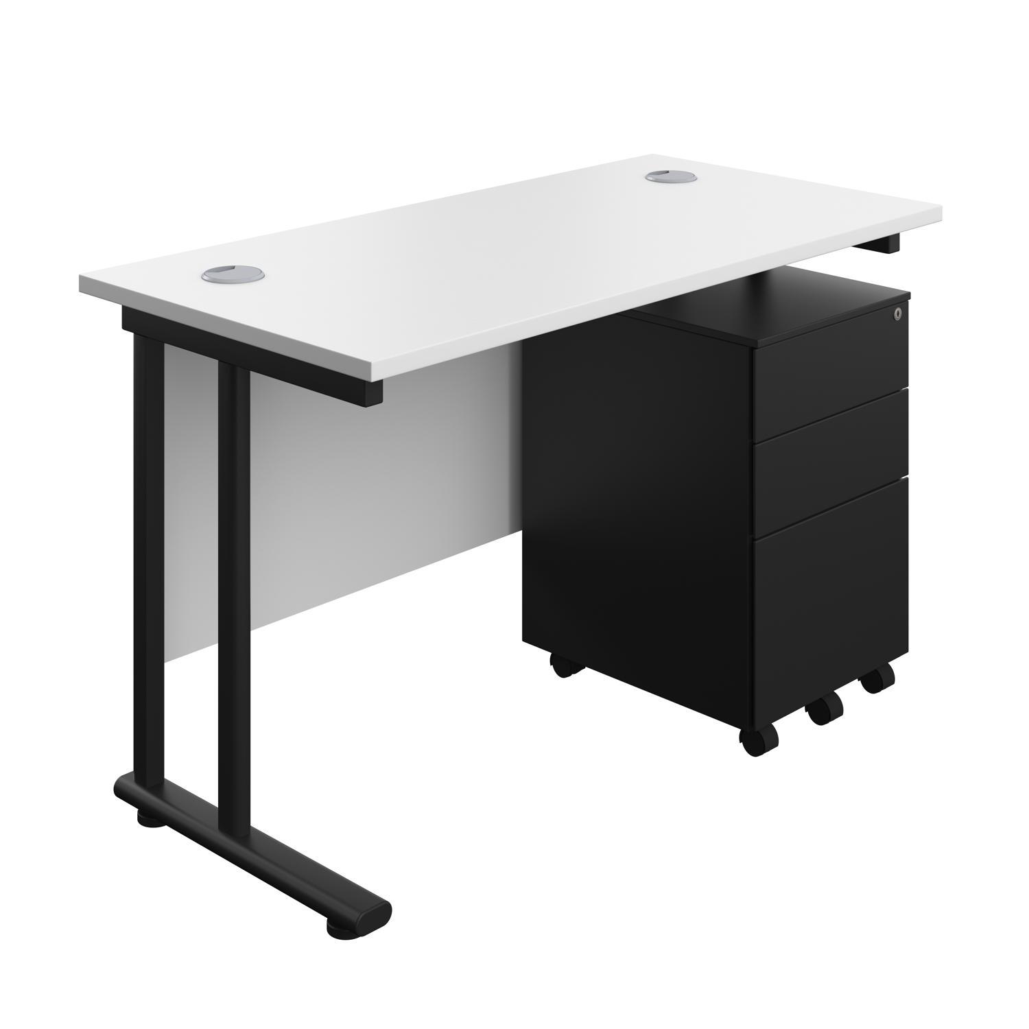 Twin Upright Rectangular Desk + Under Desk Steel Pedestal 3 Drawers  1200X600 White/Black
