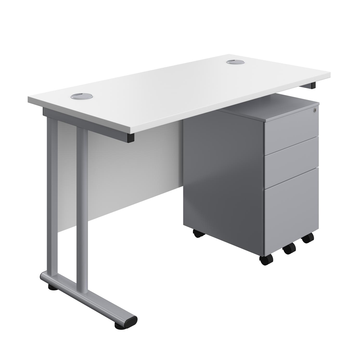 Twin Upright Rectangular Desk + Under Desk Steel Pedestal 3 Drawers  1200X600 White/Silver