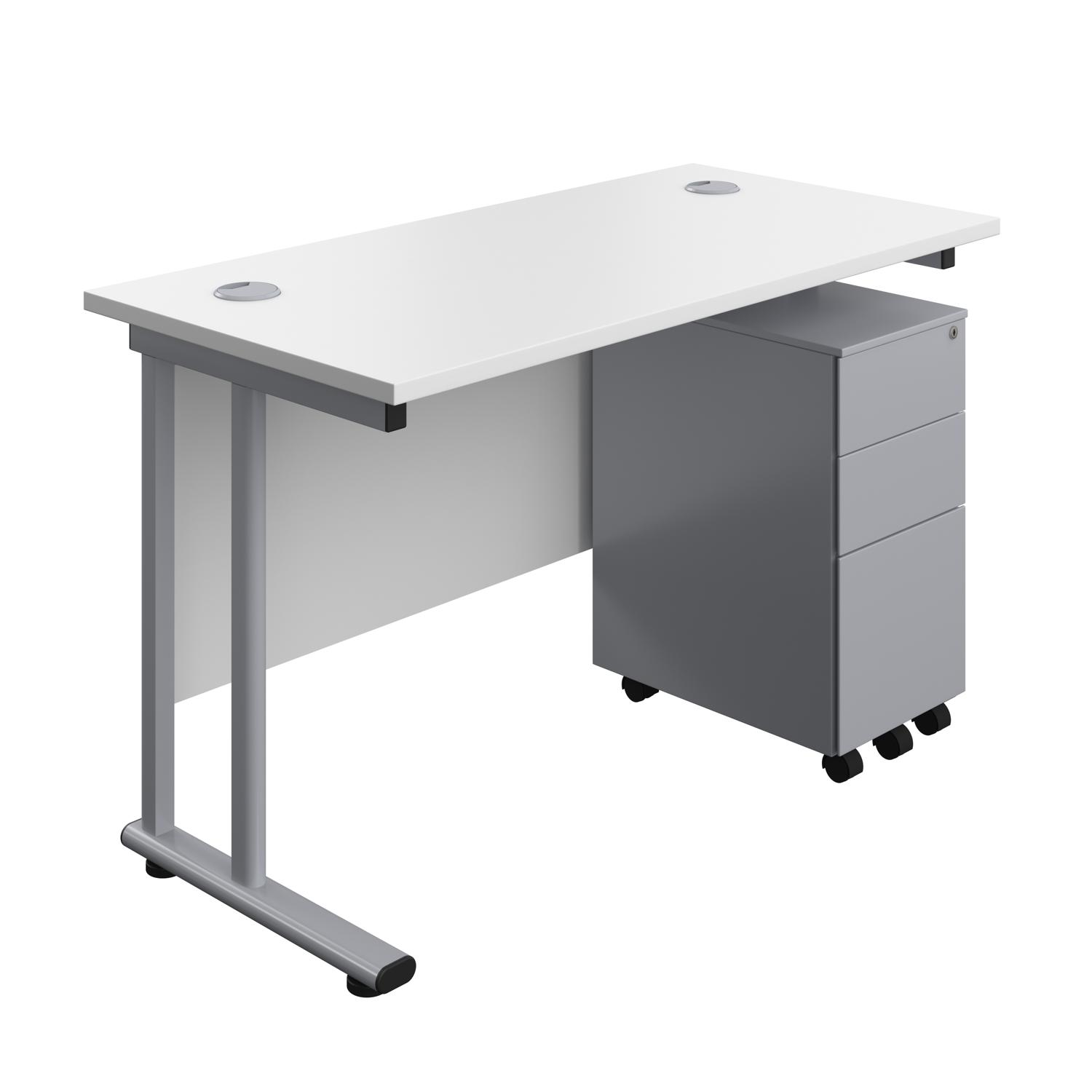 Twin Upright Rectangular Desk + Slimline Steel Pedestal 3 Drawers  1200X600 White/Silver