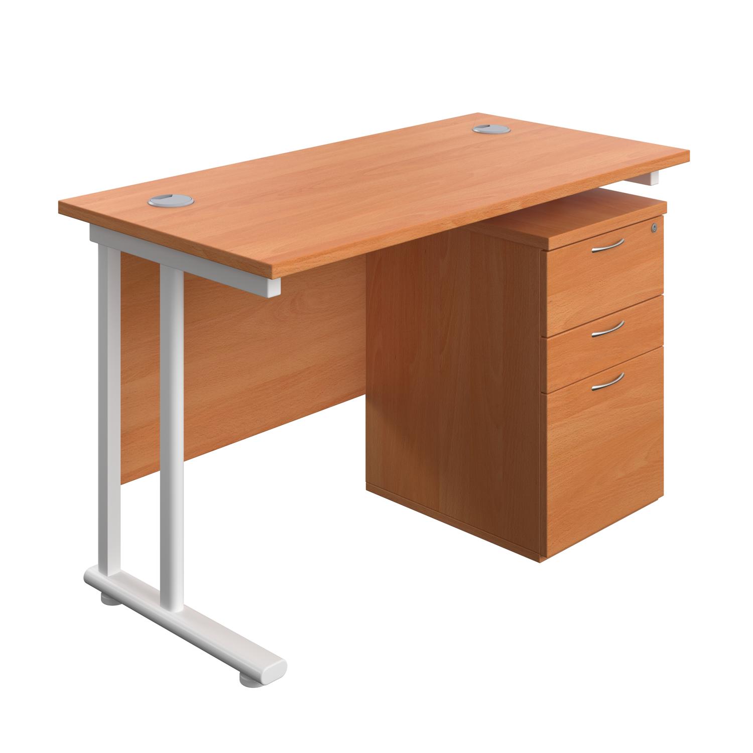 Twin Upright Rectangular Desk + High Mobile Pedestal 3 Drawer  1200X600 Beech/White