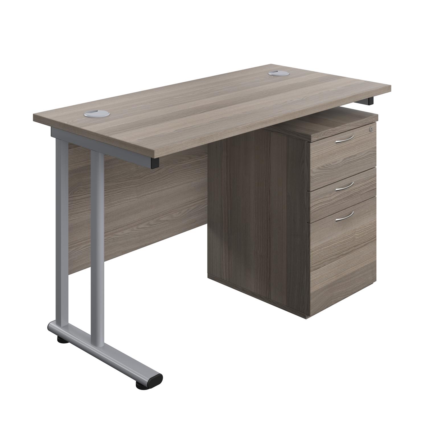 Twin Upright Rectangular Desk + High Mobile Pedestal 3 Drawer  1200X600 Grey Oak/Silver