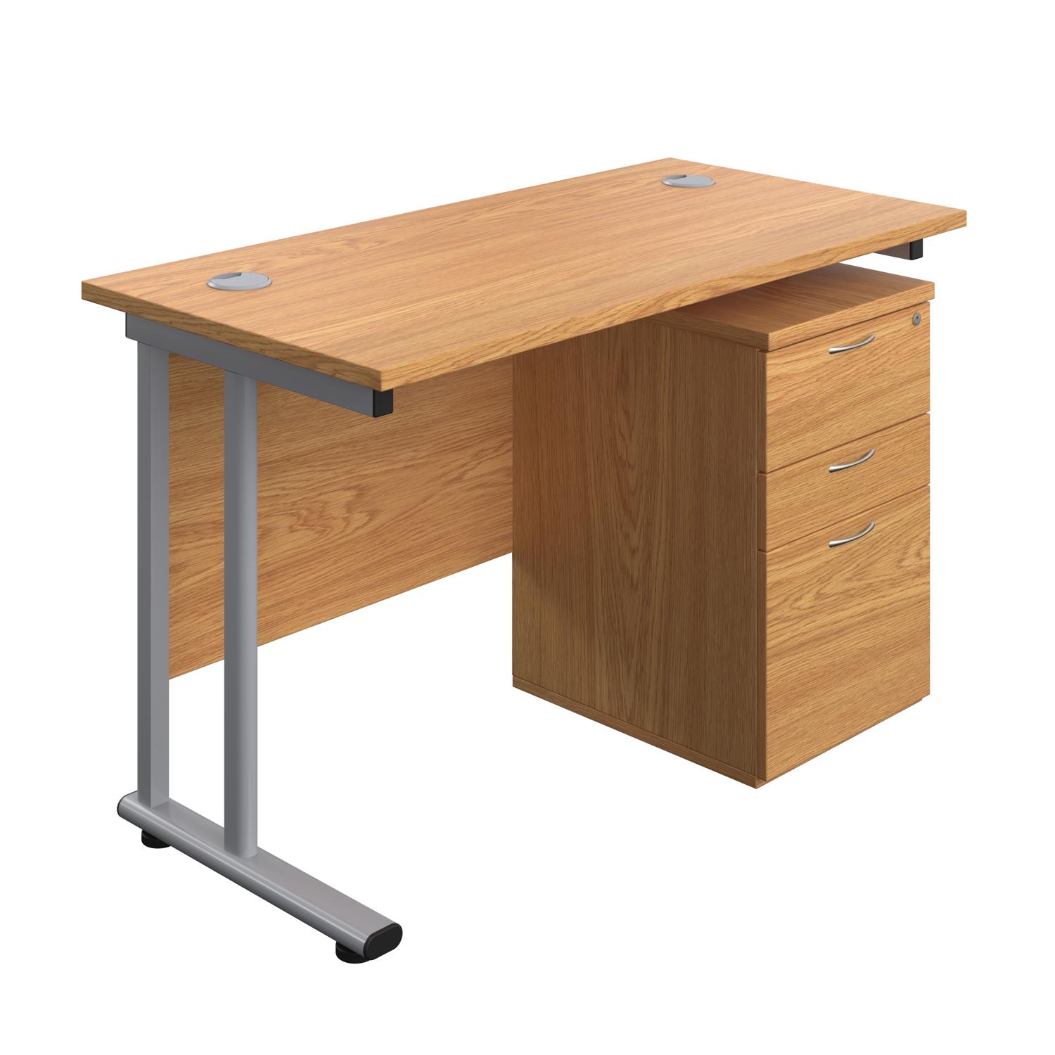 Twin Upright Rectangular Desk + High Mobile Pedestal 3 Drawer  1200X600 Nova Oak/Silver