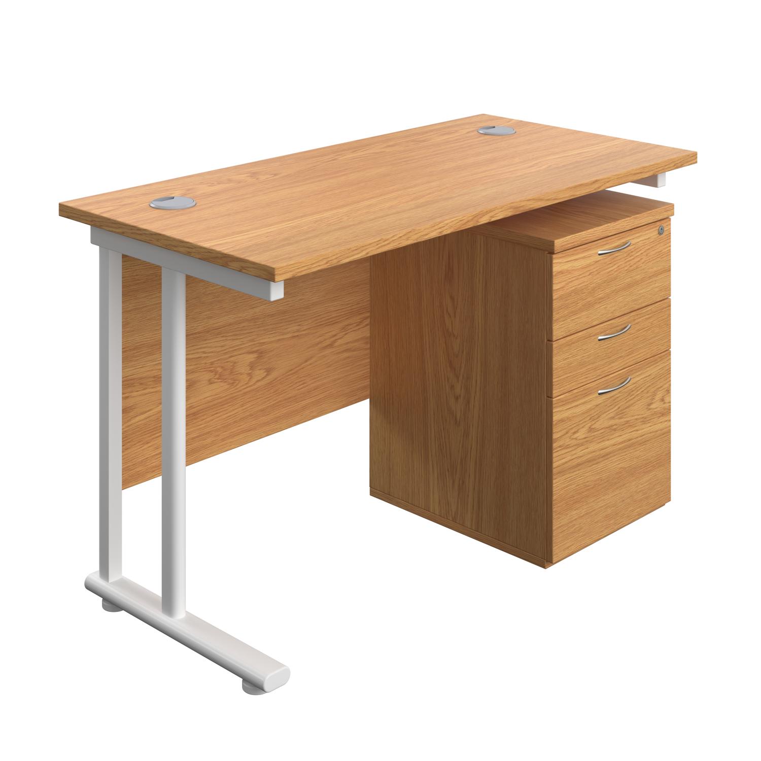 Twin Upright Rectangular Desk + High Mobile Pedestal 3 Drawer  1200X600 Nova Oak/White