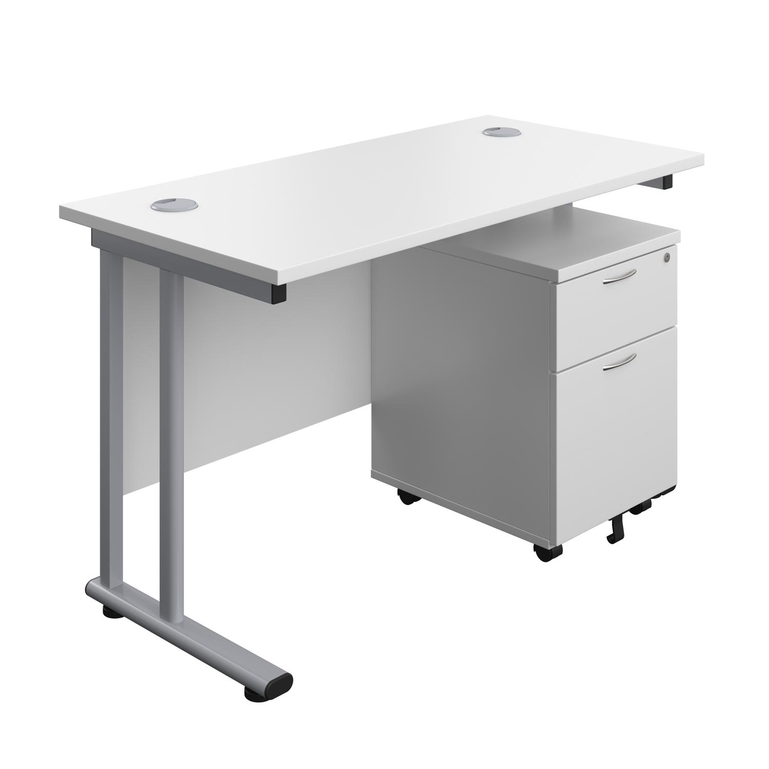 Twin Upright Rectangular Desk + Mobile 2 Drawer Pedestal  1200X600 White/Silver