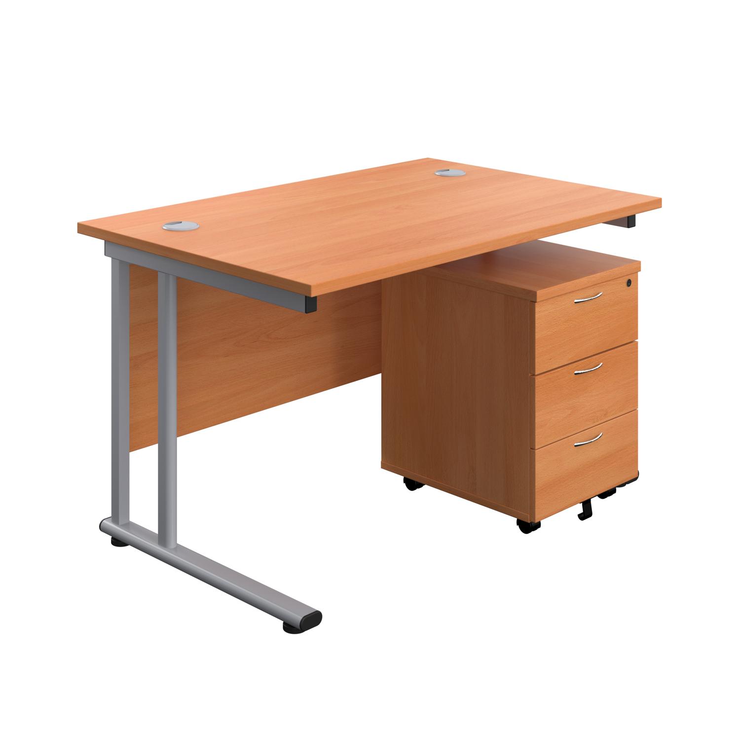 Twin Upright Rectangular Desk + Mobile 3 Drawer Pedestal  1200X800 Beech/Silver