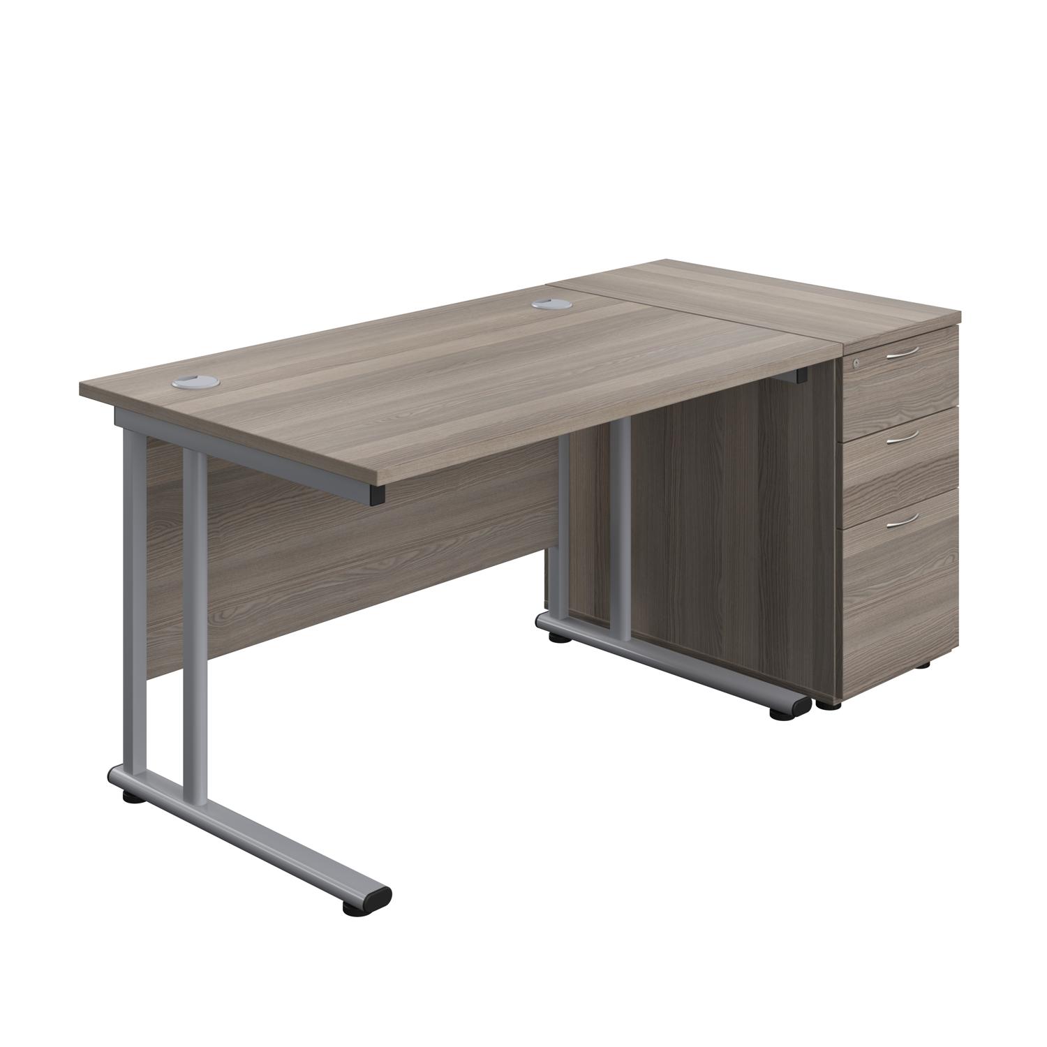 Twin Upright Rectangular Desk + Desk High 3 Drawer Pedestal  1200X800 Grey Oak/Silver